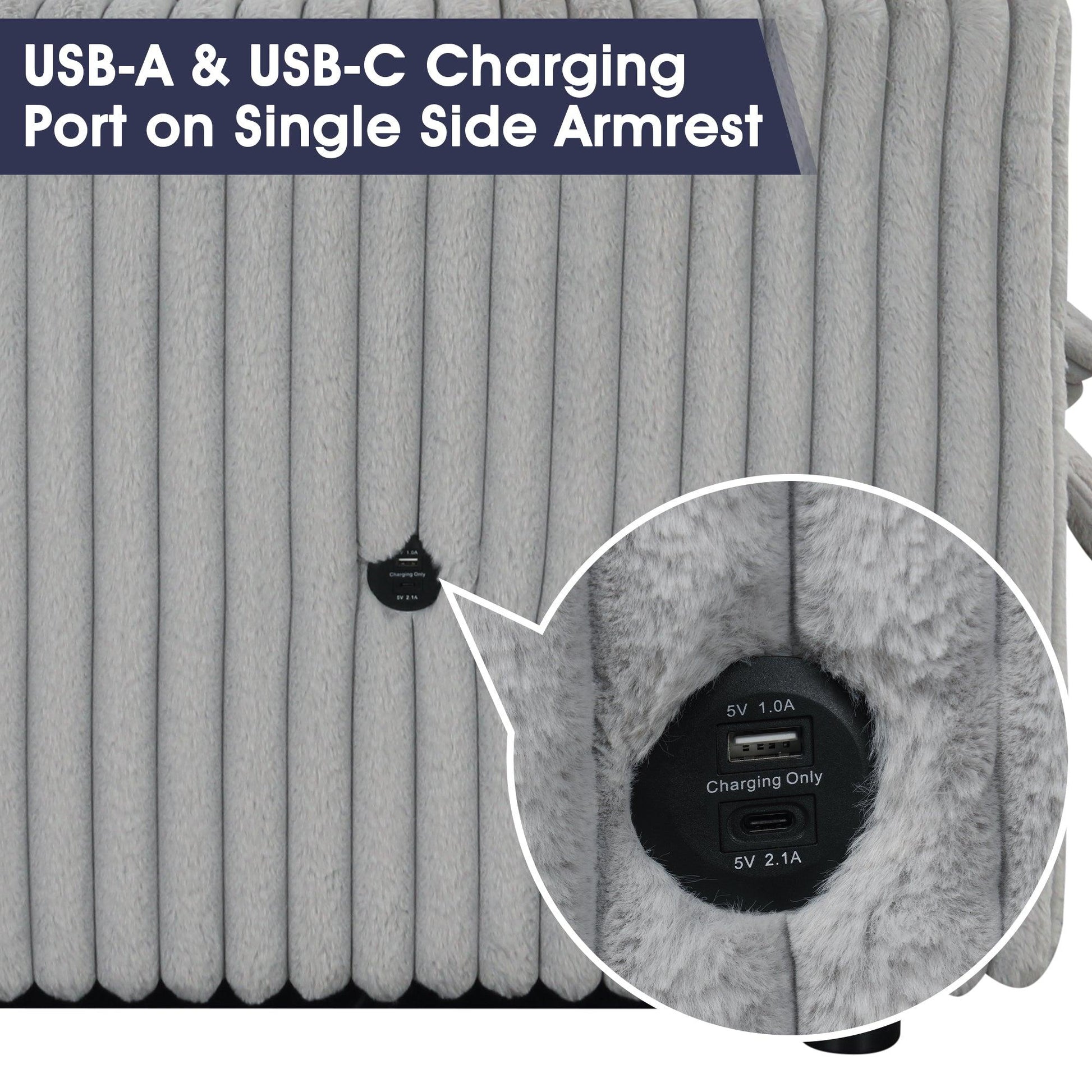 Light Gray Faux Fur Oversized Convertible Sleeper Sectional Sofa Couch Daybed and Chair Pull Out with 2 Pillows, USB Charging Ports for Living Room - Vanub