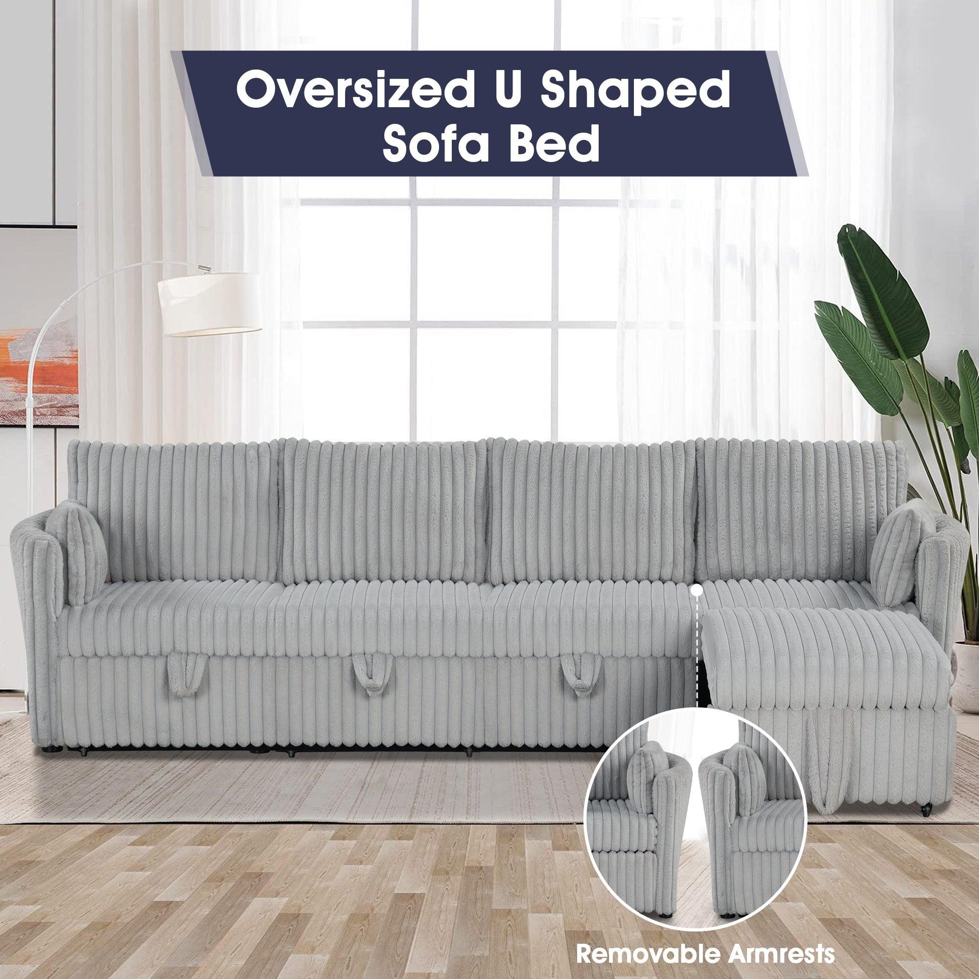 Light Gray Faux Fur Oversized Convertible Sleeper Sectional Sofa Couch Daybed and Chair Pull Out with 2 Pillows, USB Charging Ports for Living Room - Vanub
