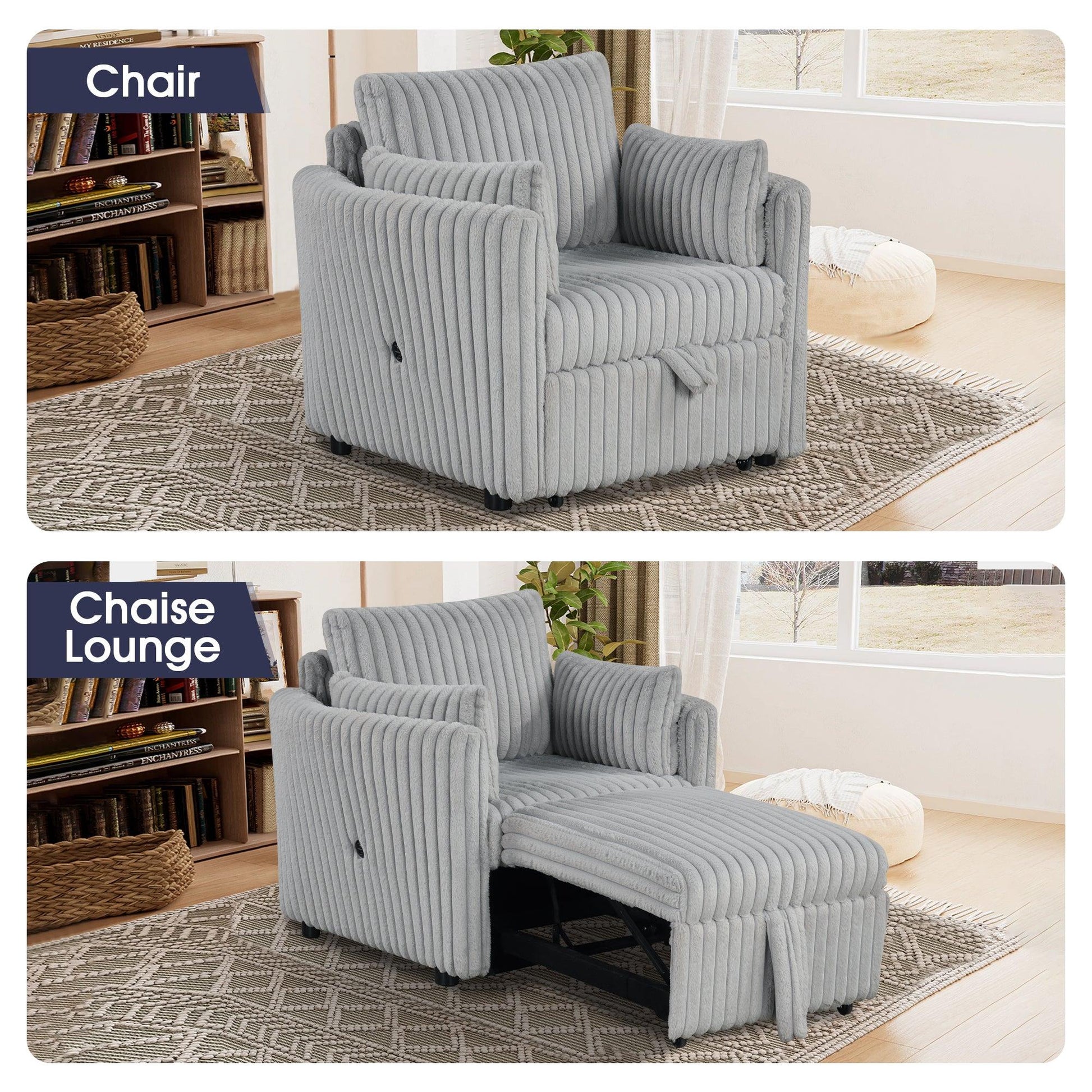 Light Gray Faux Fur Oversized Convertible Sleeper Sectional Sofa Couch Daybed and Chair Pull Out with 2 Pillows, USB Charging Ports for Living Room - Vanub