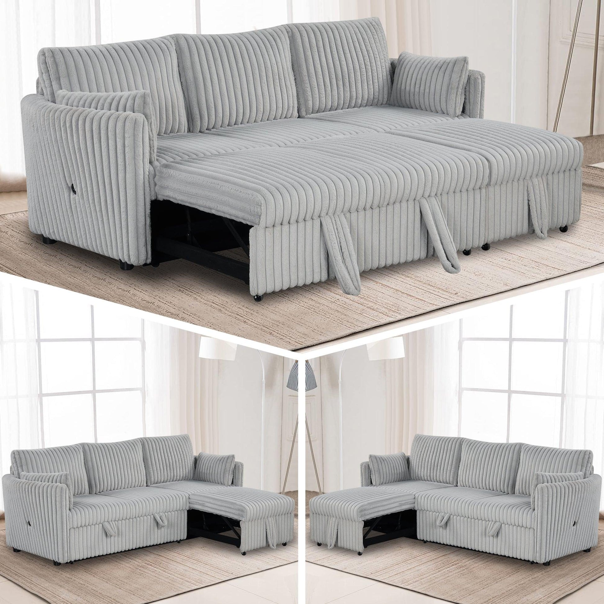 Light Gray Faux Fur Oversized Convertible Sleeper Sectional Sofa Couch Daybed and Chair Pull Out with 2 Pillows, USB Charging Ports for Living Room - Vanub