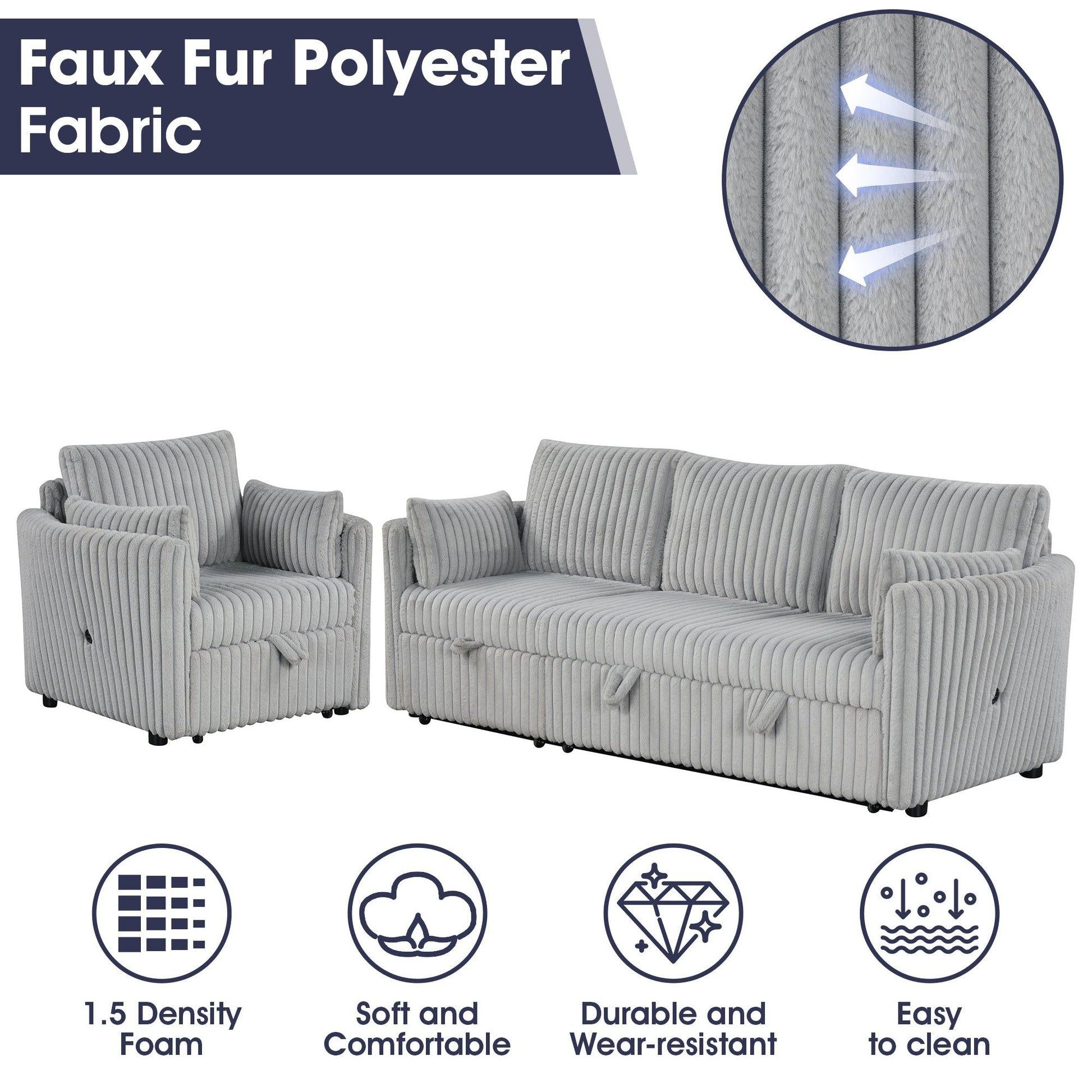Light Gray Faux Fur Oversized Convertible Sleeper Sectional Sofa Couch Daybed and Chair Pull Out with 2 Pillows, USB Charging Ports for Living Room - Vanub