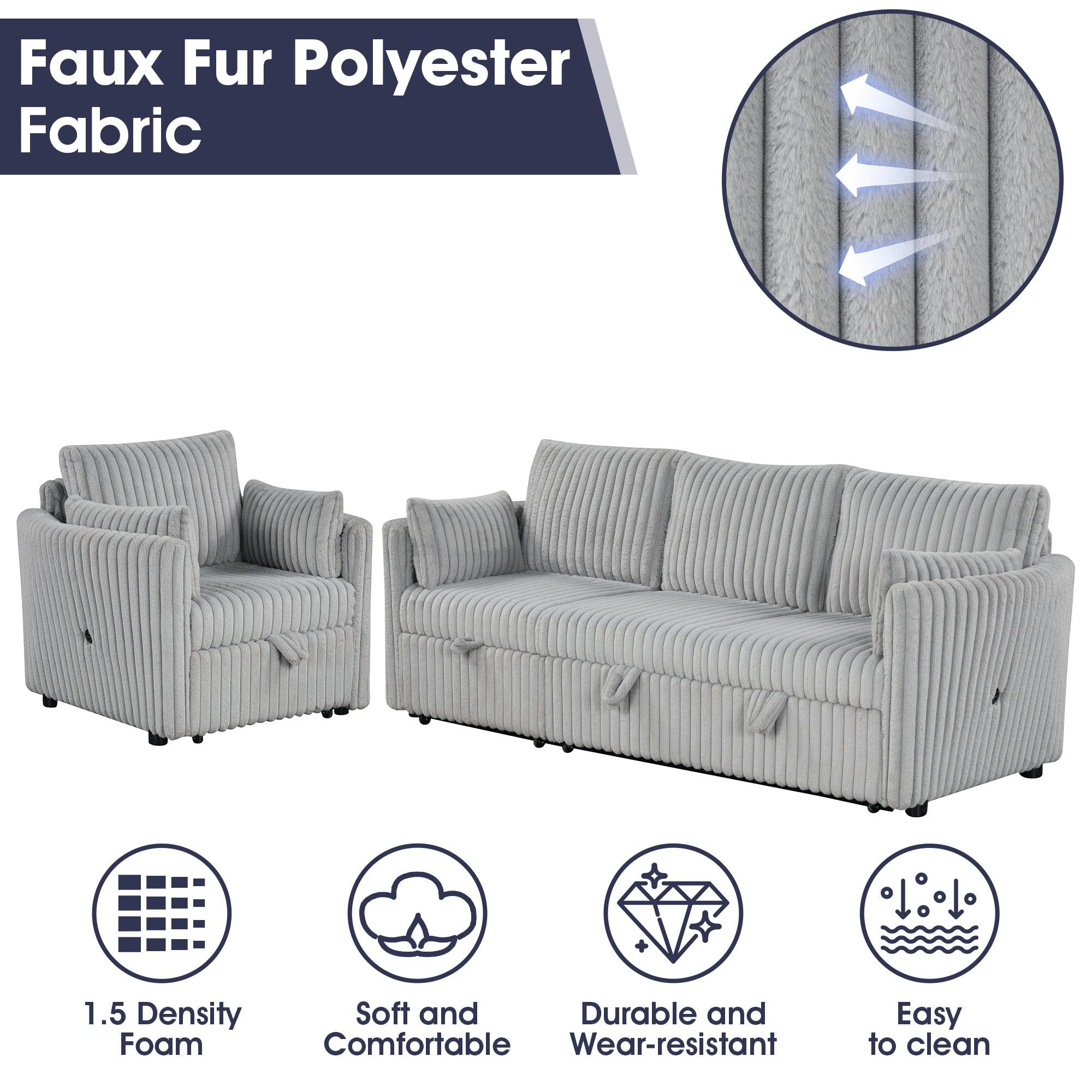 Light Gray Faux Fur Oversized Convertible Sleeper Sectional Sofa Couch Daybed and Chair Pull Out with 2 Pillows, USB Charging Ports for Living Room - Vanub