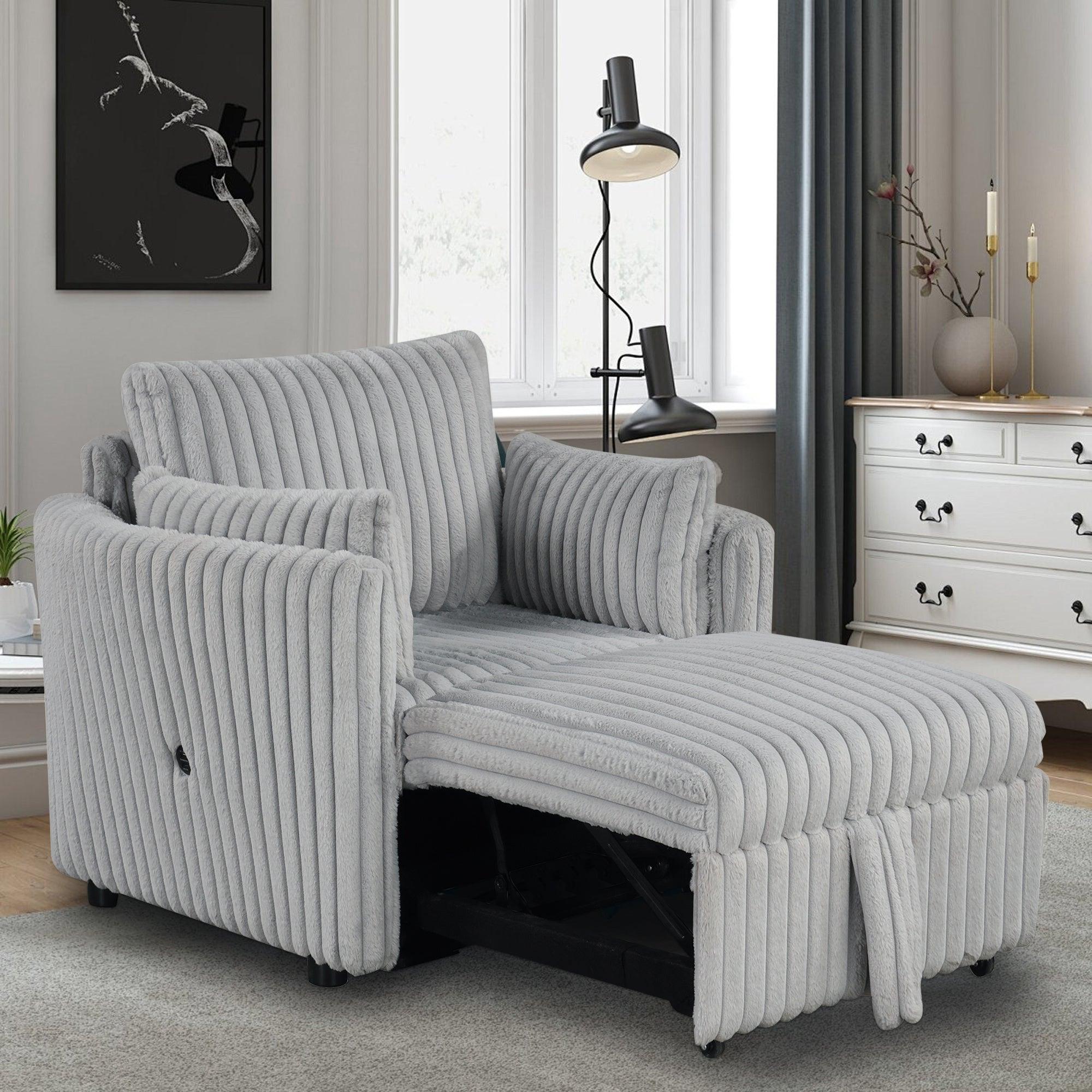 Light Gray Faux Fur Oversized Convertible Sleeper Sectional Sofa Couch Daybed and Chair Pull Out with 2 Pillows, USB Charging Ports for Living Room - Vanub