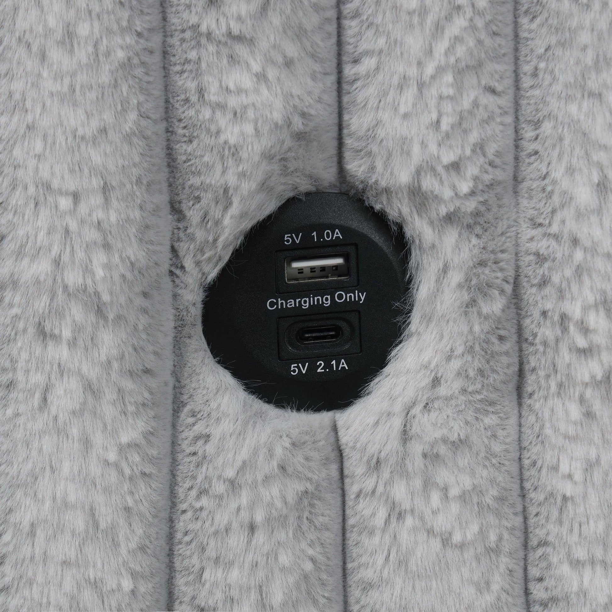 Light Gray Faux Fur Oversized Convertible Sleeper Sectional Sofa Couch Daybed and Chair Pull Out with 2 Pillows, USB Charging Ports for Living Room - Vanub