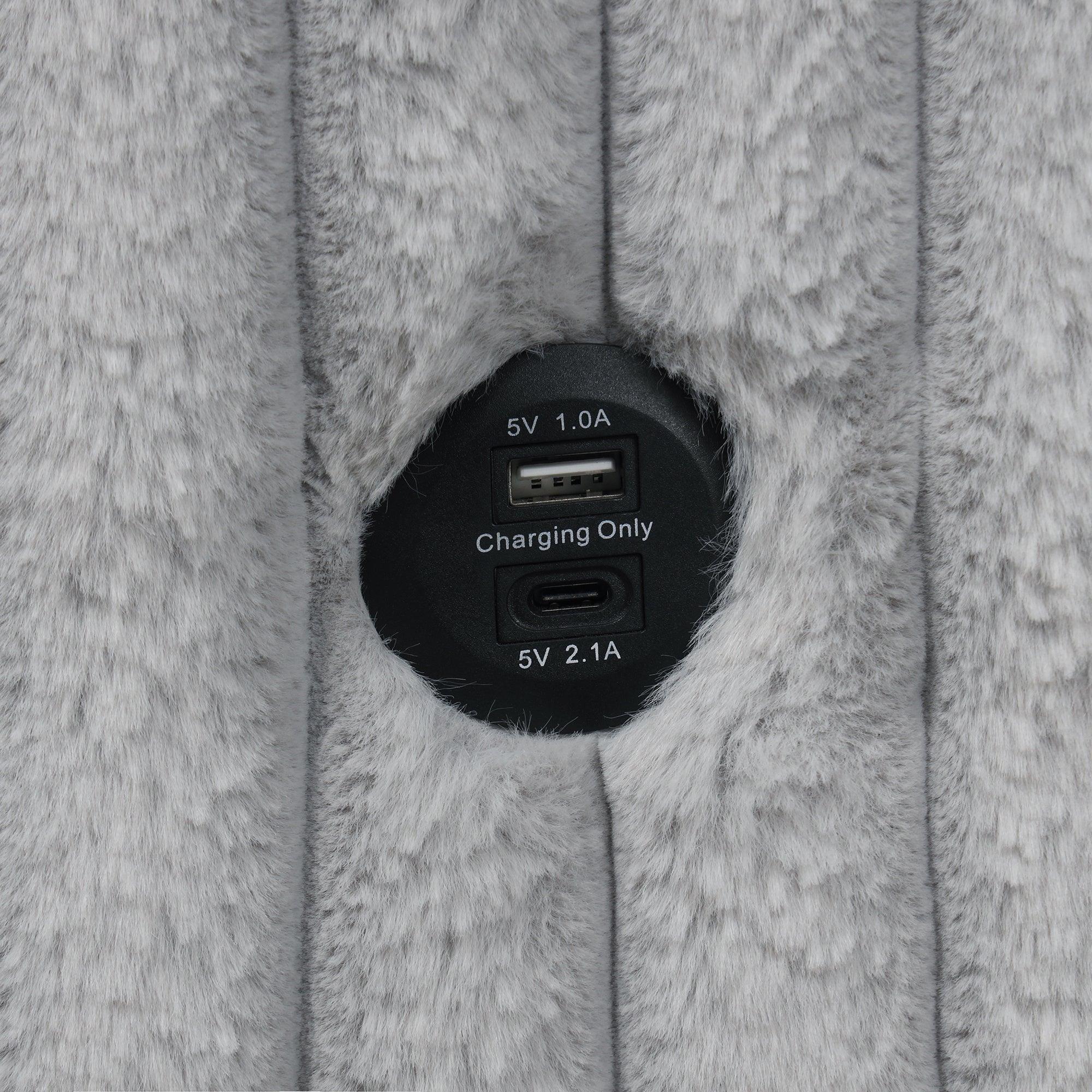 Light Gray Faux Fur Oversized Convertible Sleeper Sectional Sofa Couch Daybed and Chair Pull Out with 2 Pillows, USB Charging Ports for Living Room - Vanub