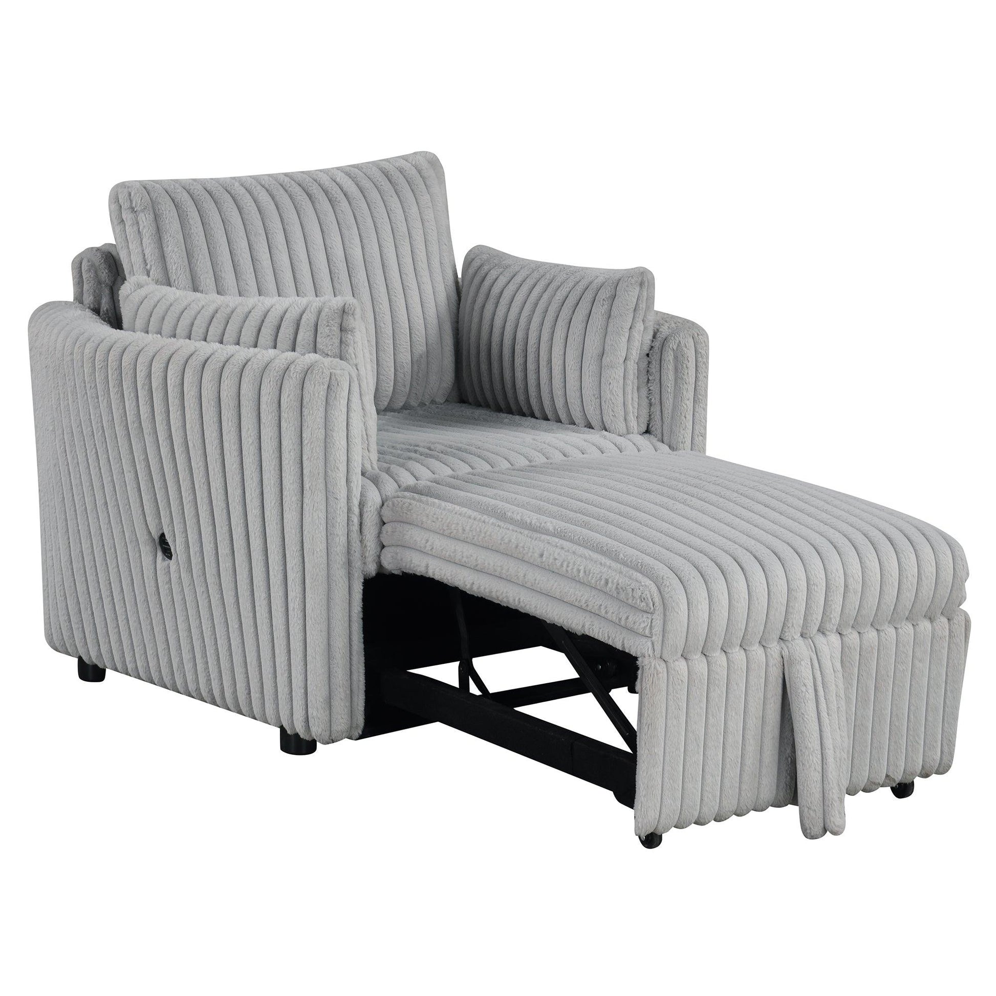 Light Gray Faux Fur Oversized Convertible Sleeper Sectional Sofa Couch Daybed and Chair Pull Out with 2 Pillows, USB Charging Ports for Living Room - Vanub