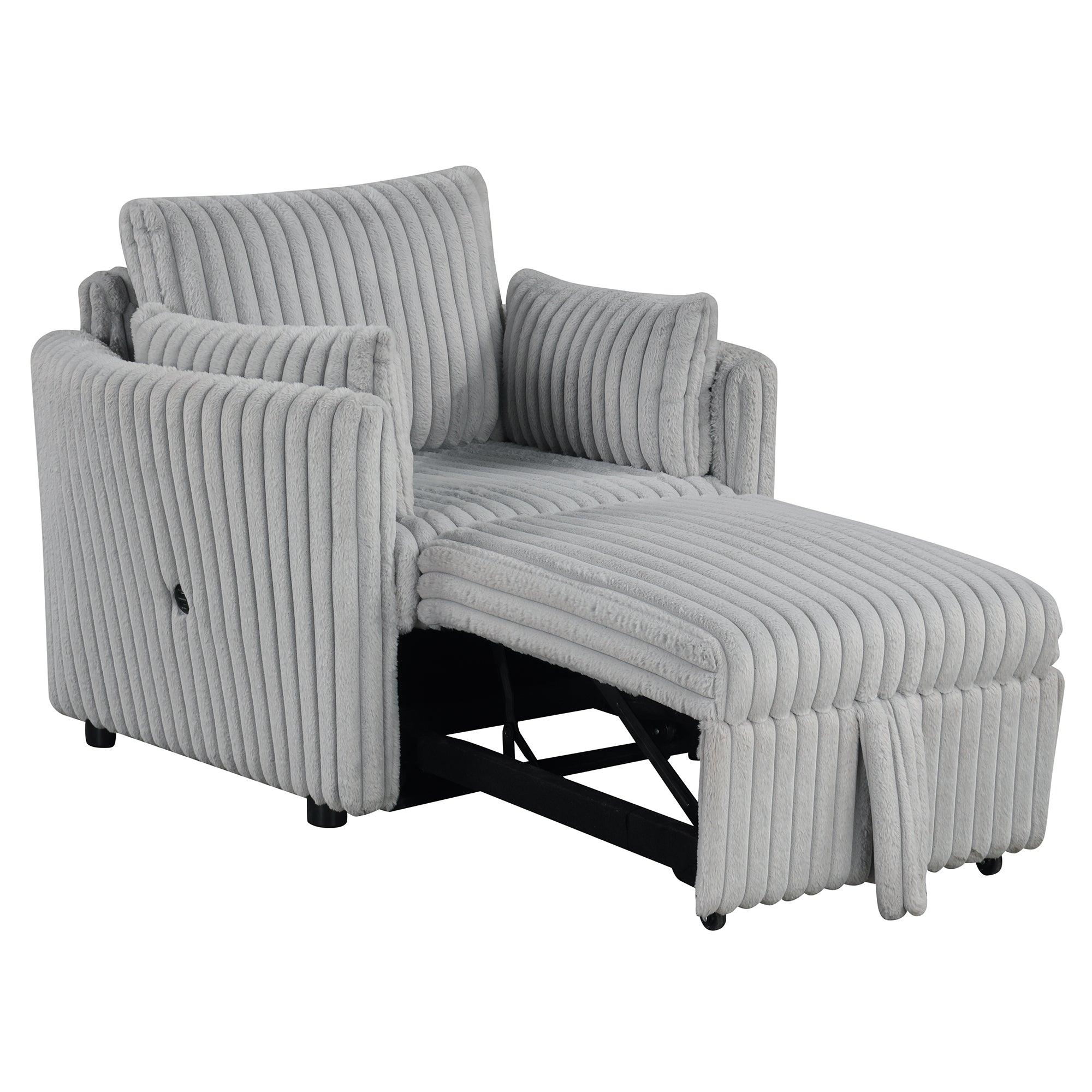 Light Gray Faux Fur Oversized Convertible Sleeper Sectional Sofa Couch Daybed and Chair Pull Out with 2 Pillows, USB Charging Ports for Living Room - Vanub