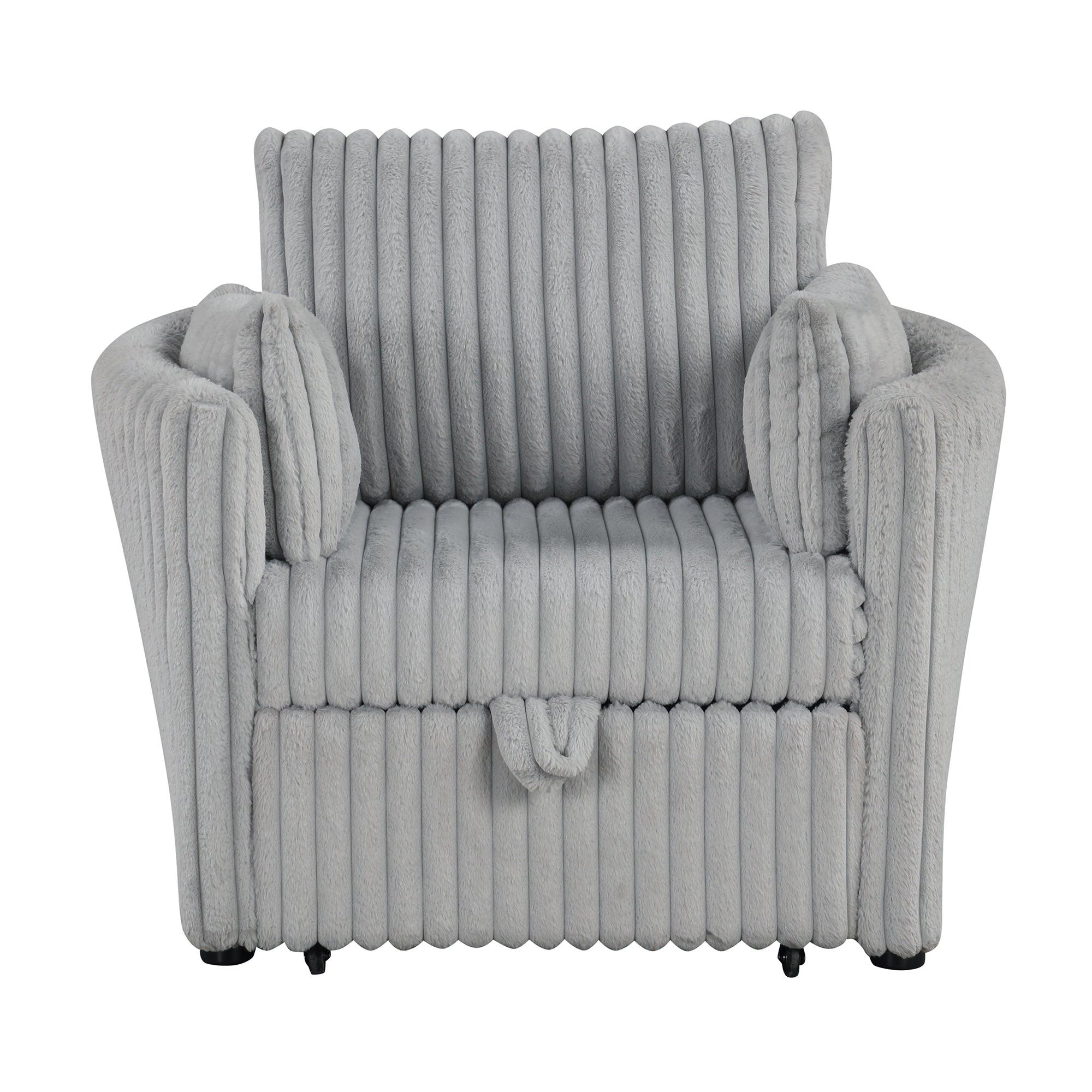 Light Gray Faux Fur Oversized Convertible Sleeper Sectional Sofa Couch Daybed and Chair Pull Out with 2 Pillows, USB Charging Ports for Living Room - Vanub