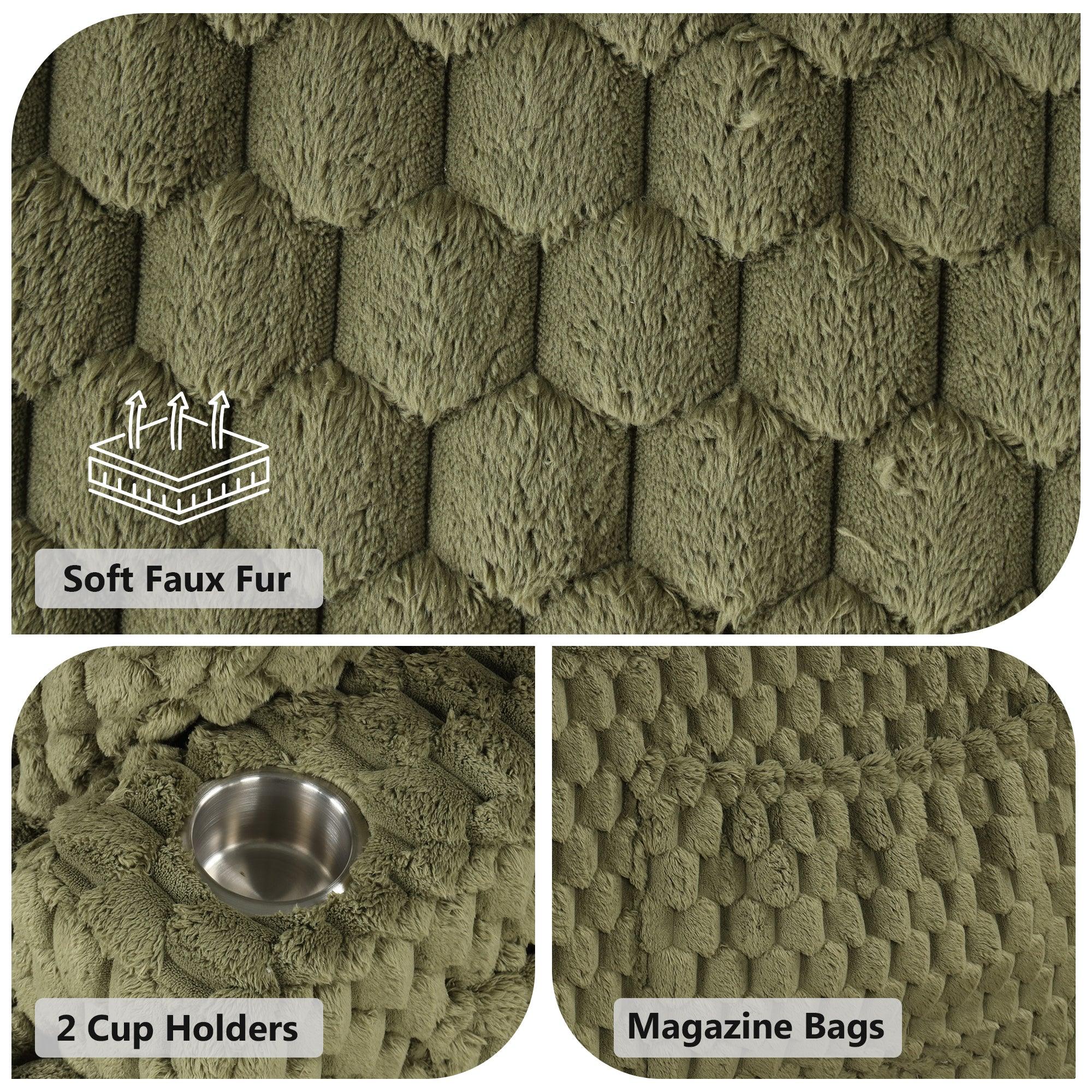 54 Inch Contemporary Indoor Upholstered Chaise Lounge Plush Sleeper Chair with Throw Pillows, 2 Cup Holders and Magazine Bags for Living Room - Vanub