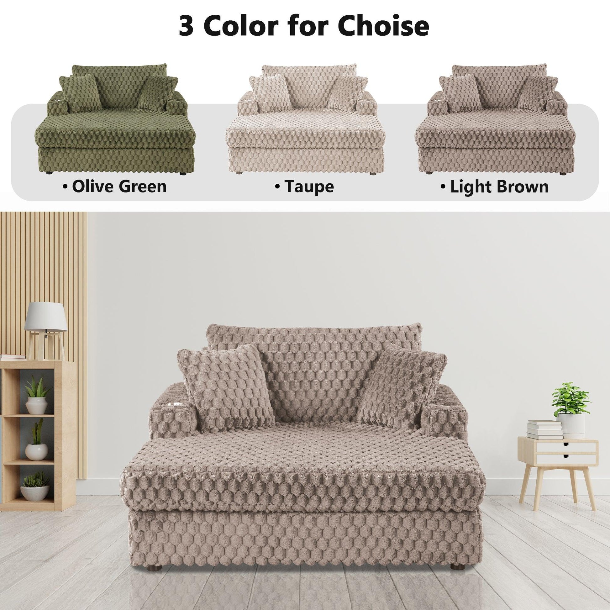 54 Inch Contemporary Indoor Upholstered Chaise Lounge Plush Sleeper Chair with Throw Pillows, 2 Cup Holders and Magazine Bags for Living Room - Vanub