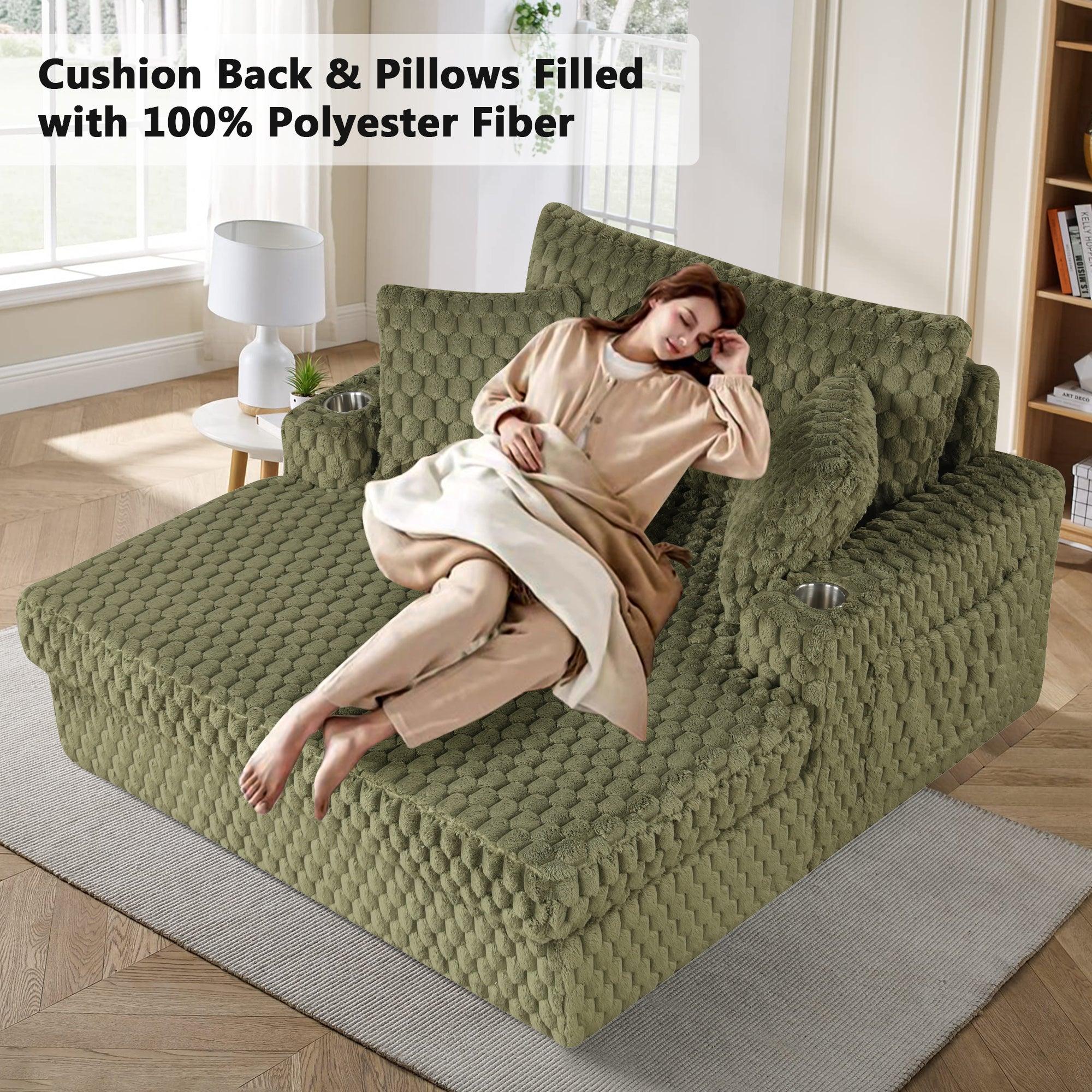 54 Inch Contemporary Indoor Upholstered Chaise Lounge Plush Sleeper Chair with Throw Pillows, 2 Cup Holders and Magazine Bags for Living Room - Vanub