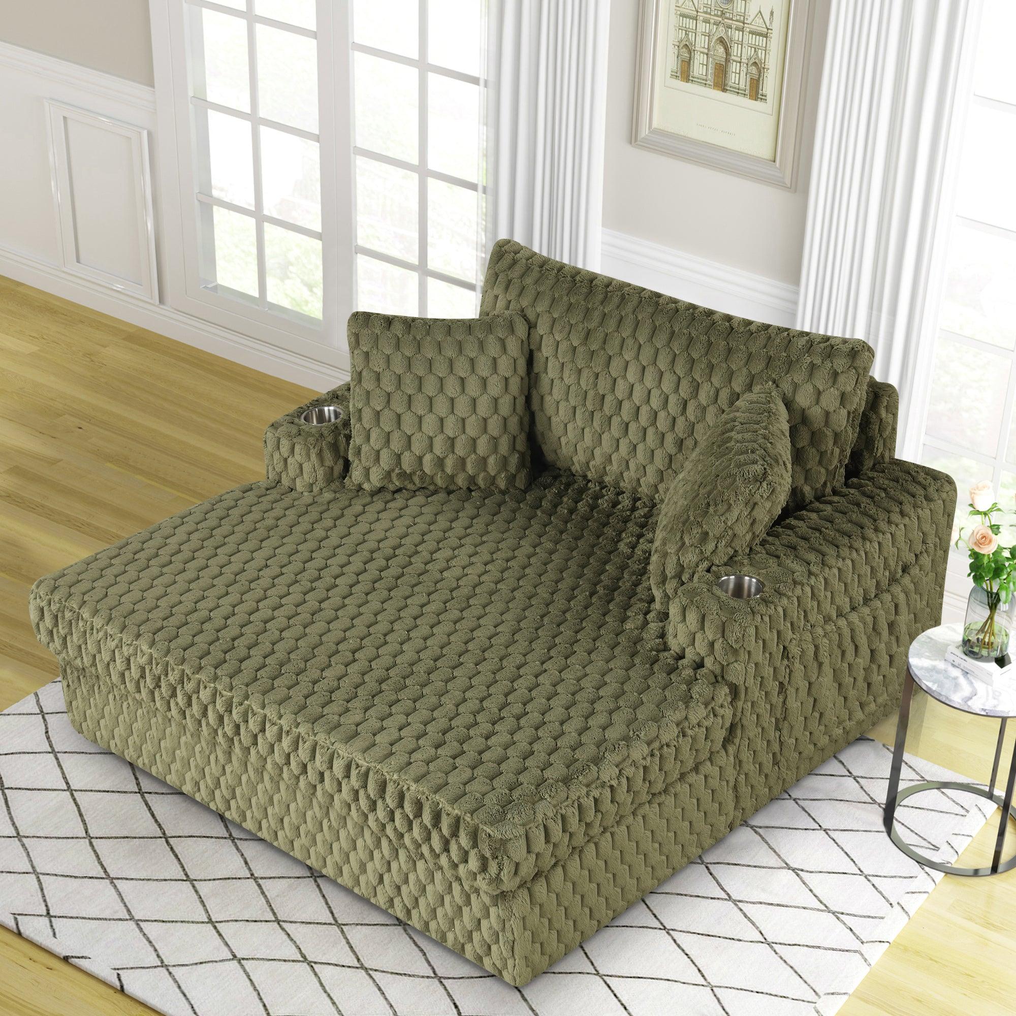 54 Inch Contemporary Indoor Upholstered Chaise Lounge Plush Sleeper Chair with Throw Pillows, 2 Cup Holders and Magazine Bags for Living Room - Vanub