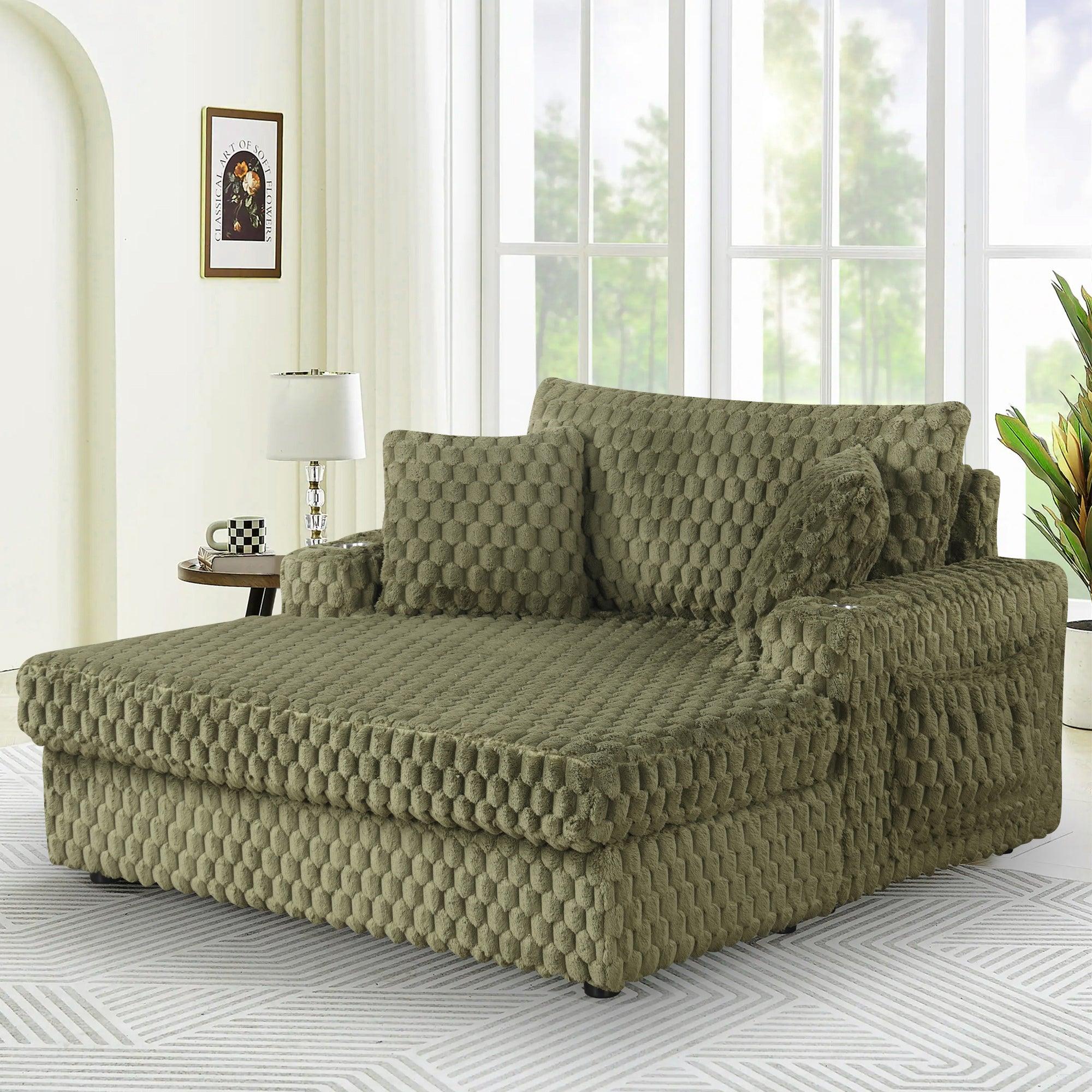 54 Inch Contemporary Indoor Upholstered Chaise Lounge Plush Sleeper Chair with Throw Pillows, 2 Cup Holders and Magazine Bags for Living Room - Vanub