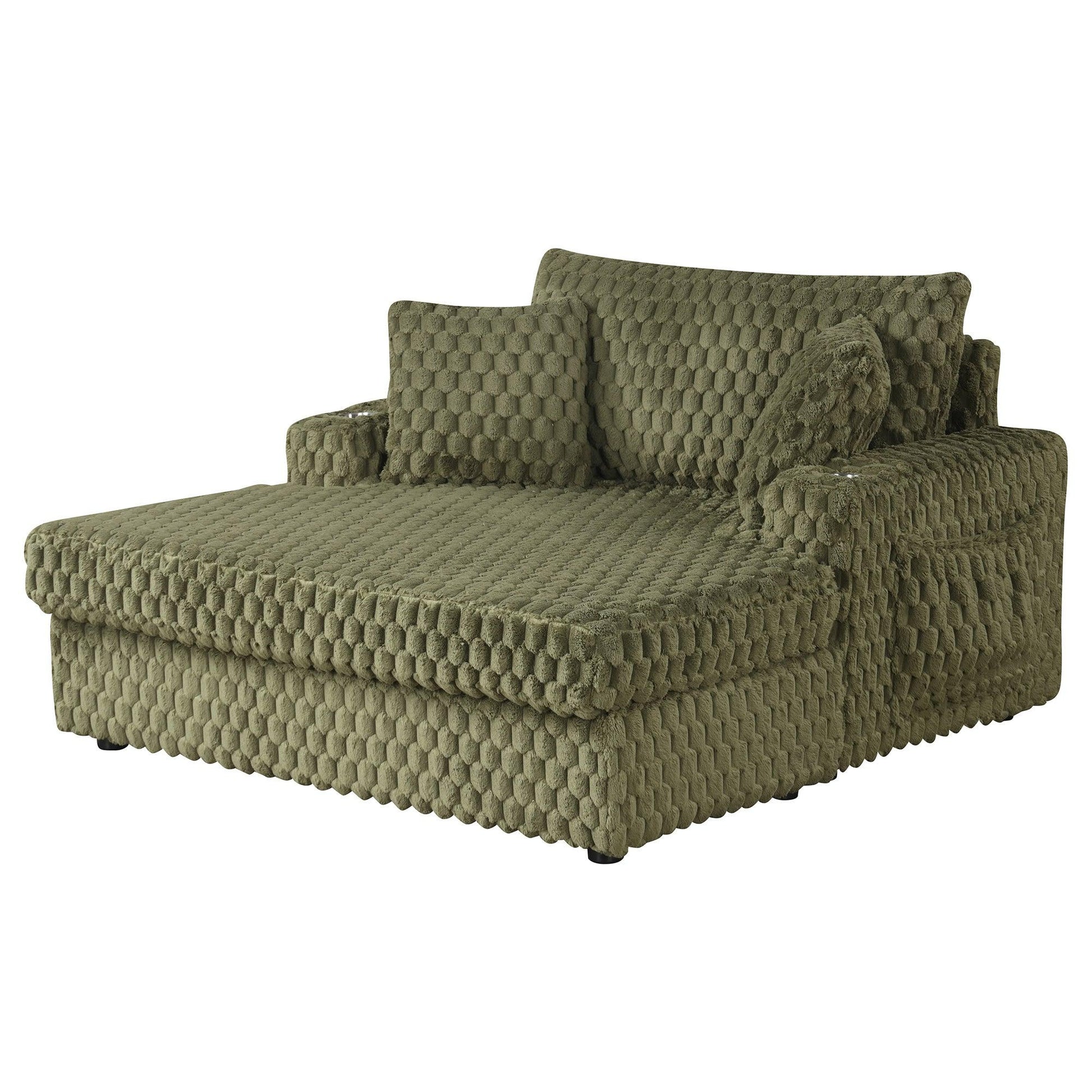 54 Inch Contemporary Indoor Upholstered Chaise Lounge Plush Sleeper Chair with Throw Pillows, 2 Cup Holders and Magazine Bags for Living Room - Vanub