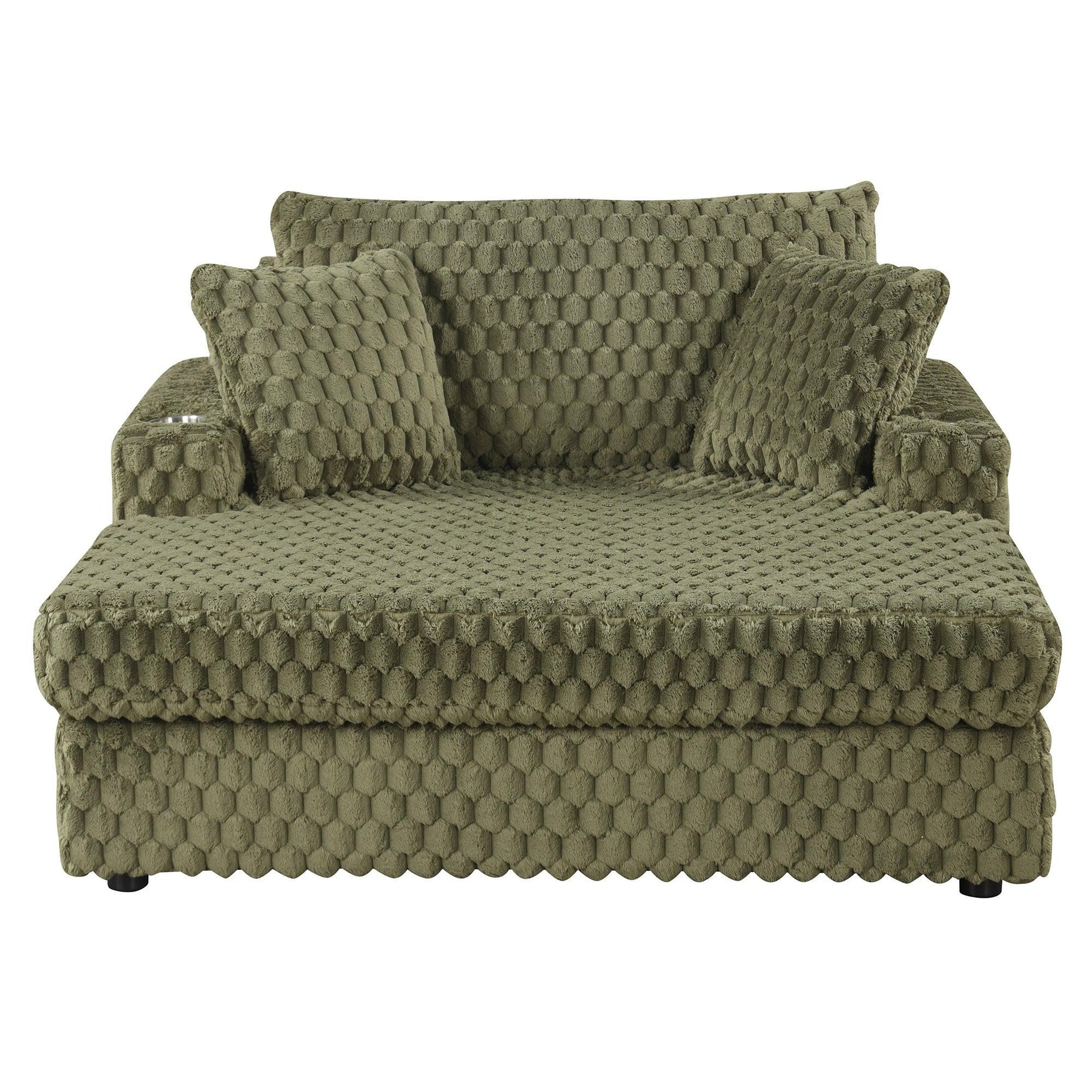 54 Inch Contemporary Indoor Upholstered Chaise Lounge Plush Sleeper Chair with Throw Pillows, 2 Cup Holders and Magazine Bags for Living Room - Vanub