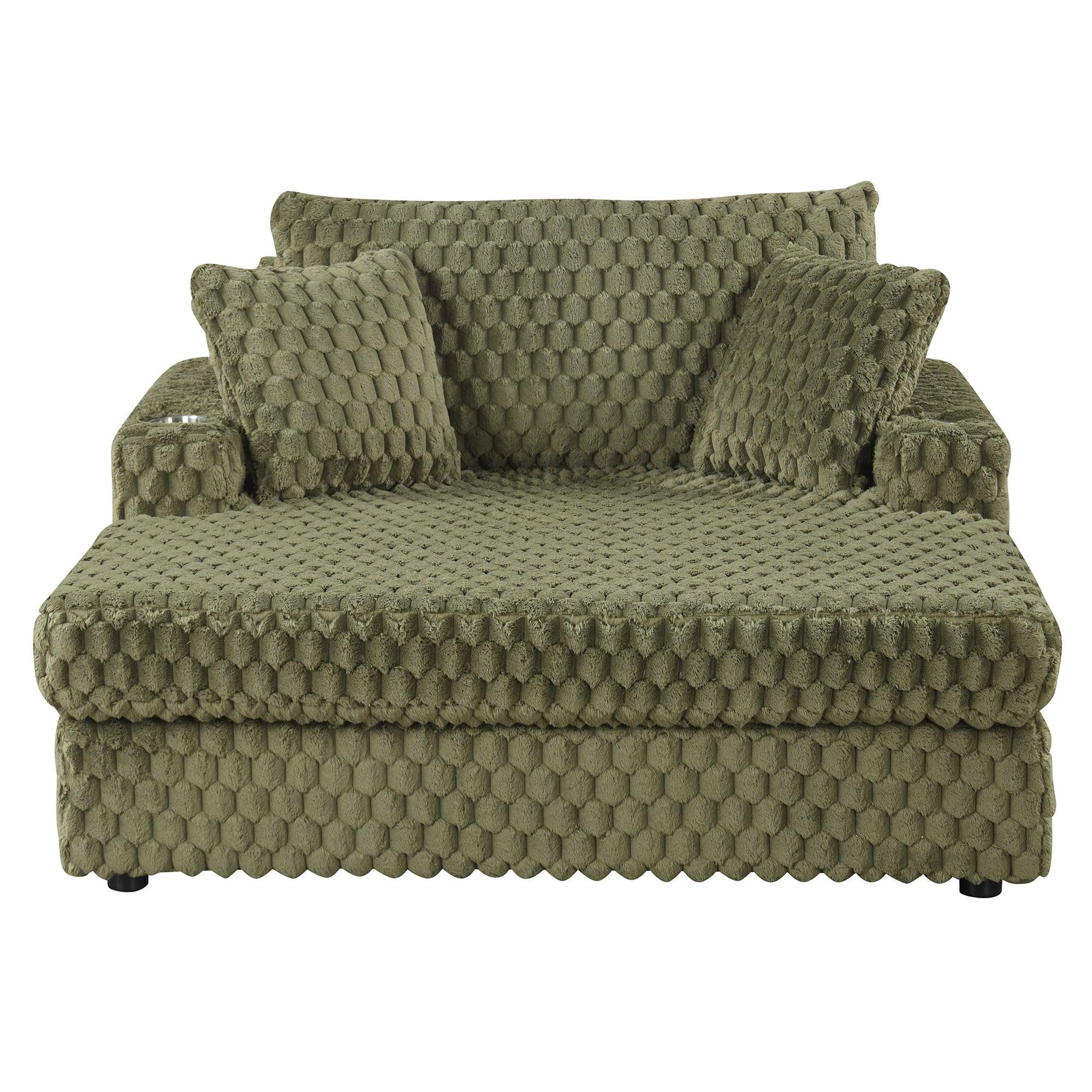 54 Inch Contemporary Indoor Upholstered Chaise Lounge Plush Sleeper Chair with Throw Pillows, 2 Cup Holders and Magazine Bags for Living Room - Vanub