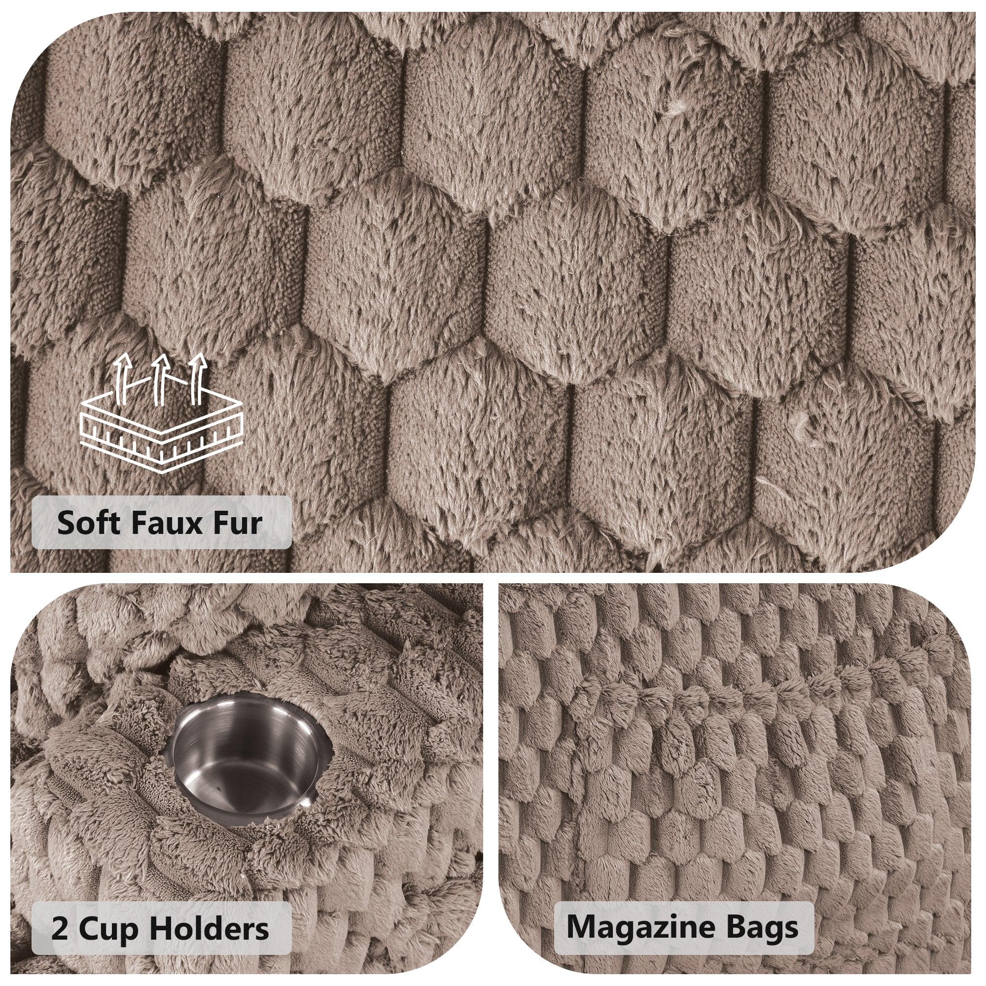 54 Inch Contemporary Indoor Upholstered Chaise Lounge Plush Sleeper Chair with Throw Pillows, 2 Cup Holders and Magazine Bags for Living Room - Vanub