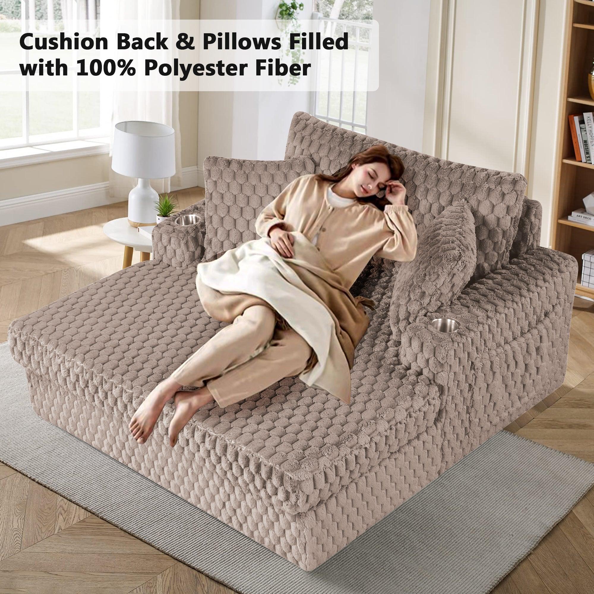 54 Inch Contemporary Indoor Upholstered Chaise Lounge Plush Sleeper Chair with Throw Pillows, 2 Cup Holders and Magazine Bags for Living Room - Vanub