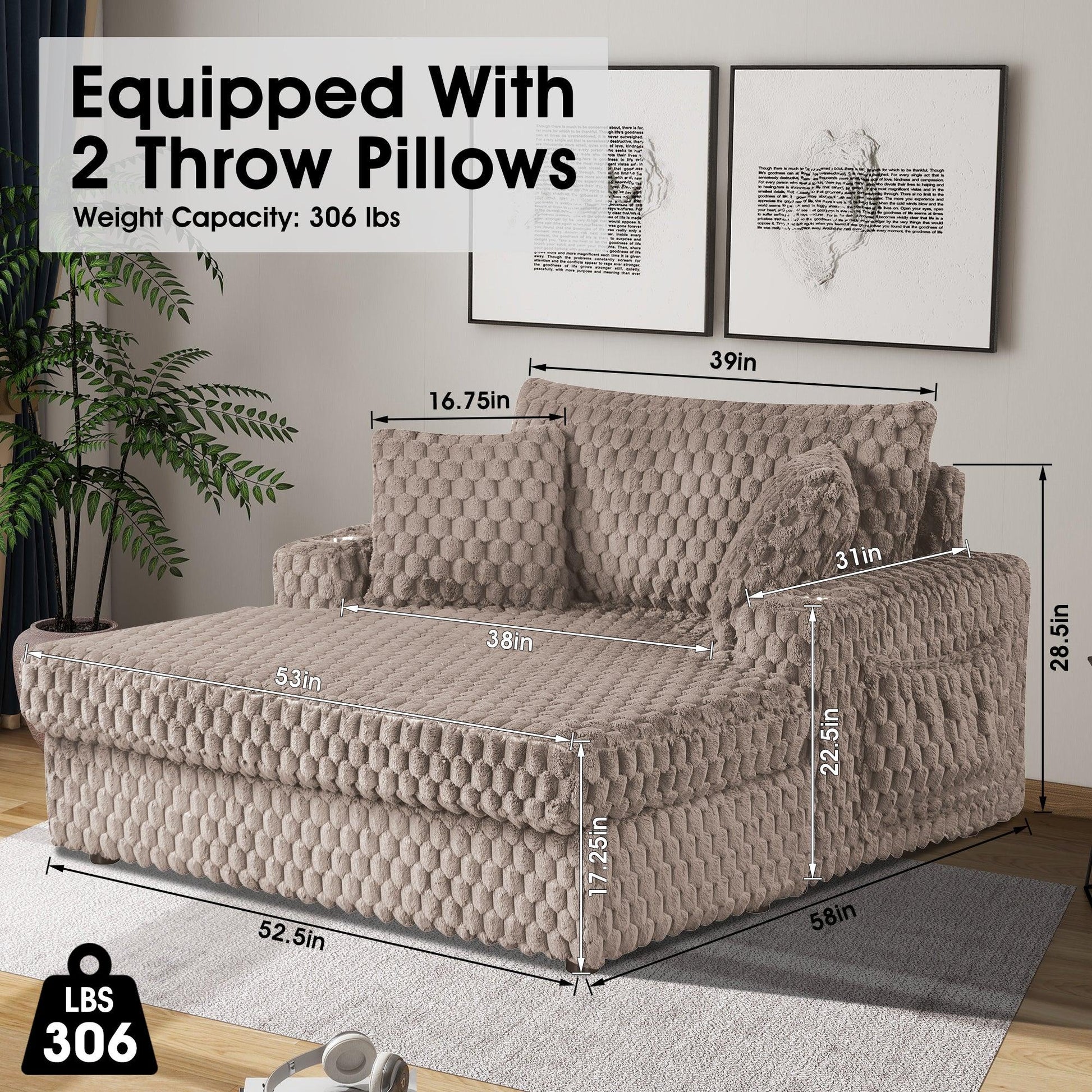 54 Inch Contemporary Indoor Upholstered Chaise Lounge Plush Sleeper Chair with Throw Pillows, 2 Cup Holders and Magazine Bags for Living Room - Vanub