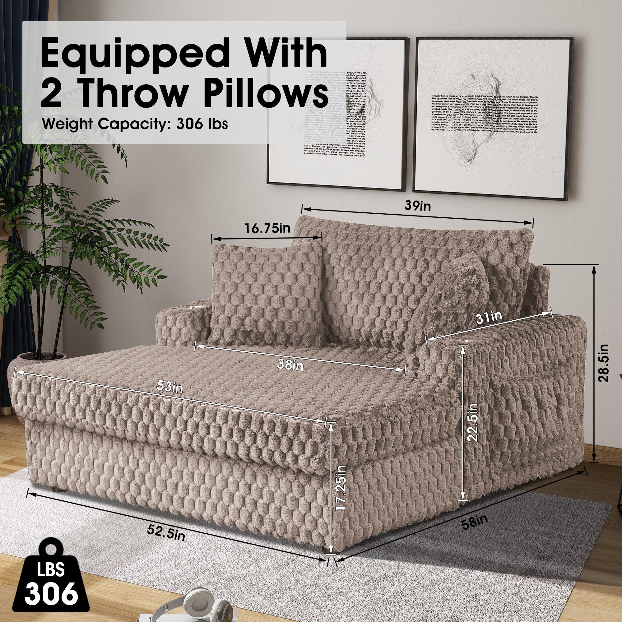 54 Inch Contemporary Indoor Upholstered Chaise Lounge Plush Sleeper Chair with Throw Pillows, 2 Cup Holders and Magazine Bags for Living Room - Vanub