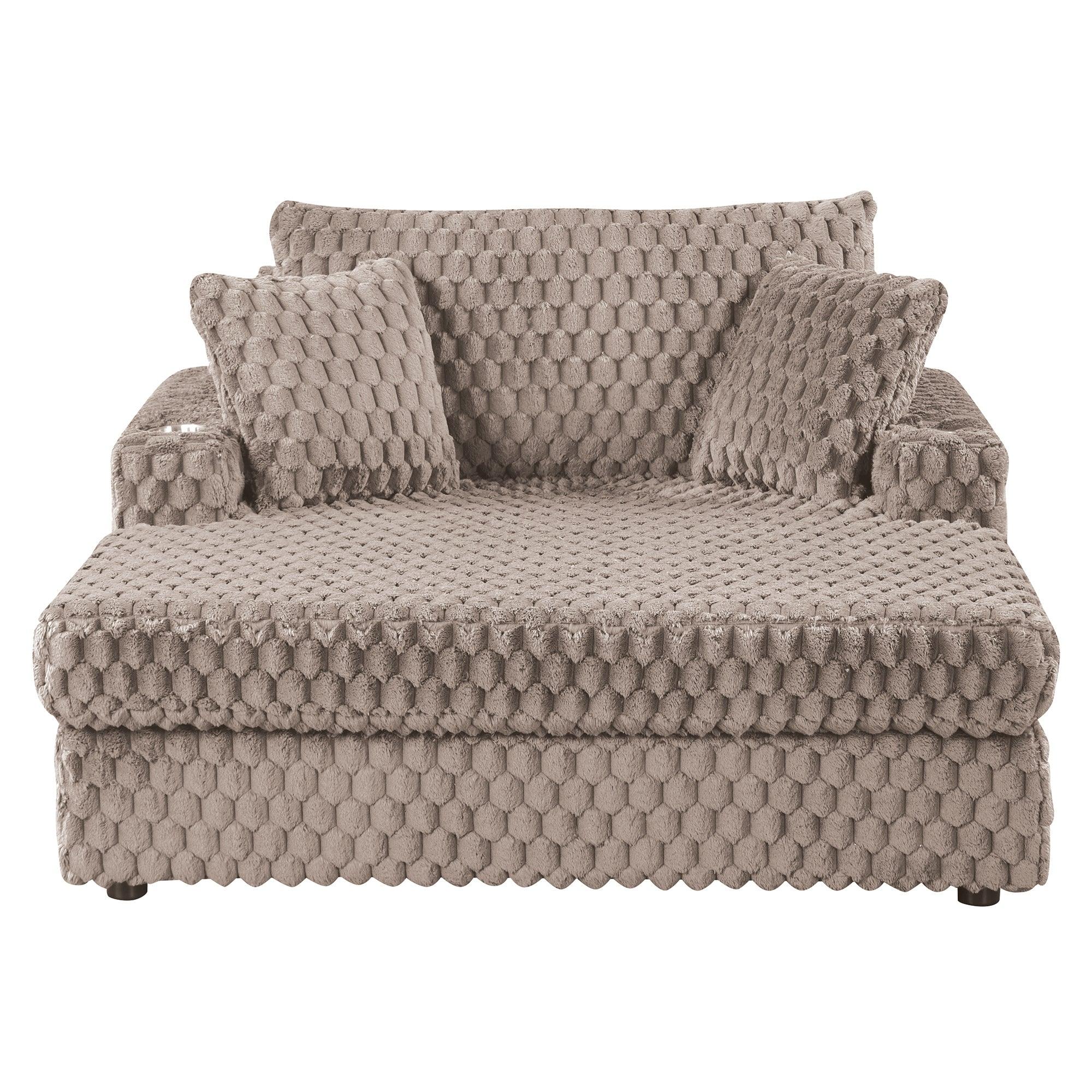 54 Inch Contemporary Indoor Upholstered Chaise Lounge Plush Sleeper Chair with Throw Pillows, 2 Cup Holders and Magazine Bags for Living Room - Vanub