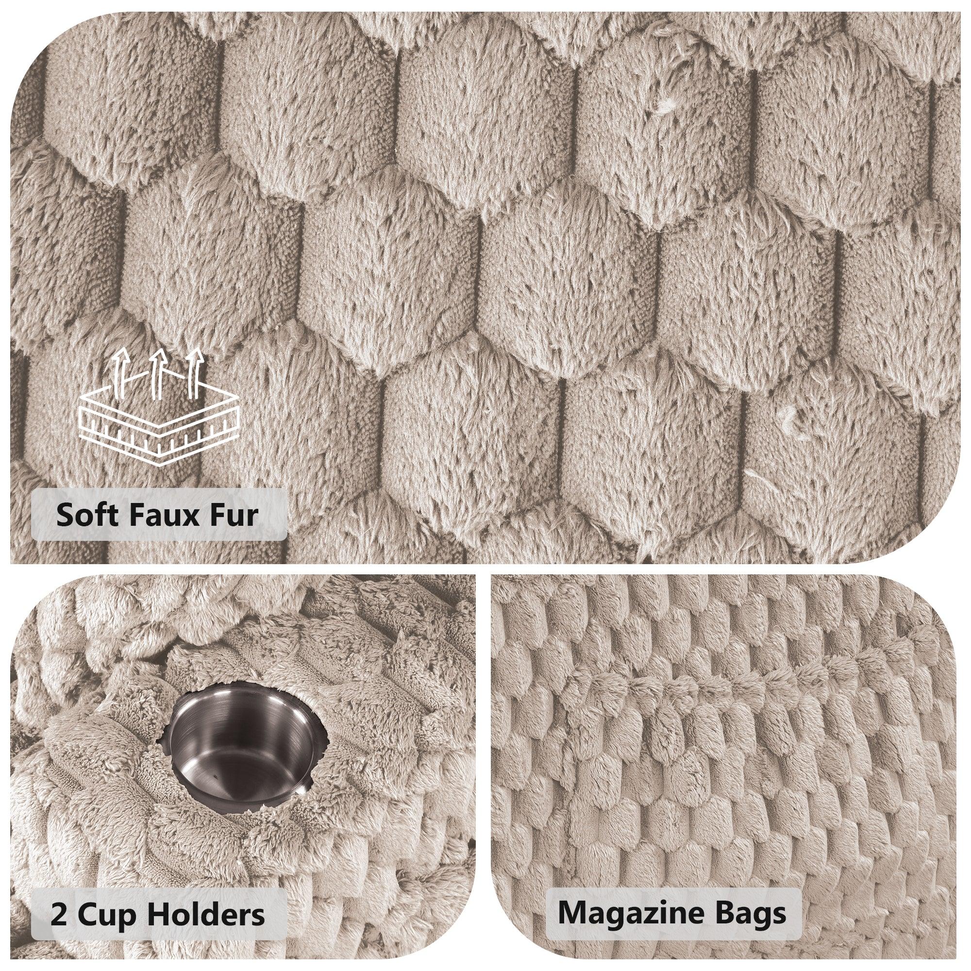 54 Inch Contemporary Indoor Upholstered Chaise Lounge Plush Sleeper Chair with Throw Pillows, 2 Cup Holders and Magazine Bags for Living Room - Vanub