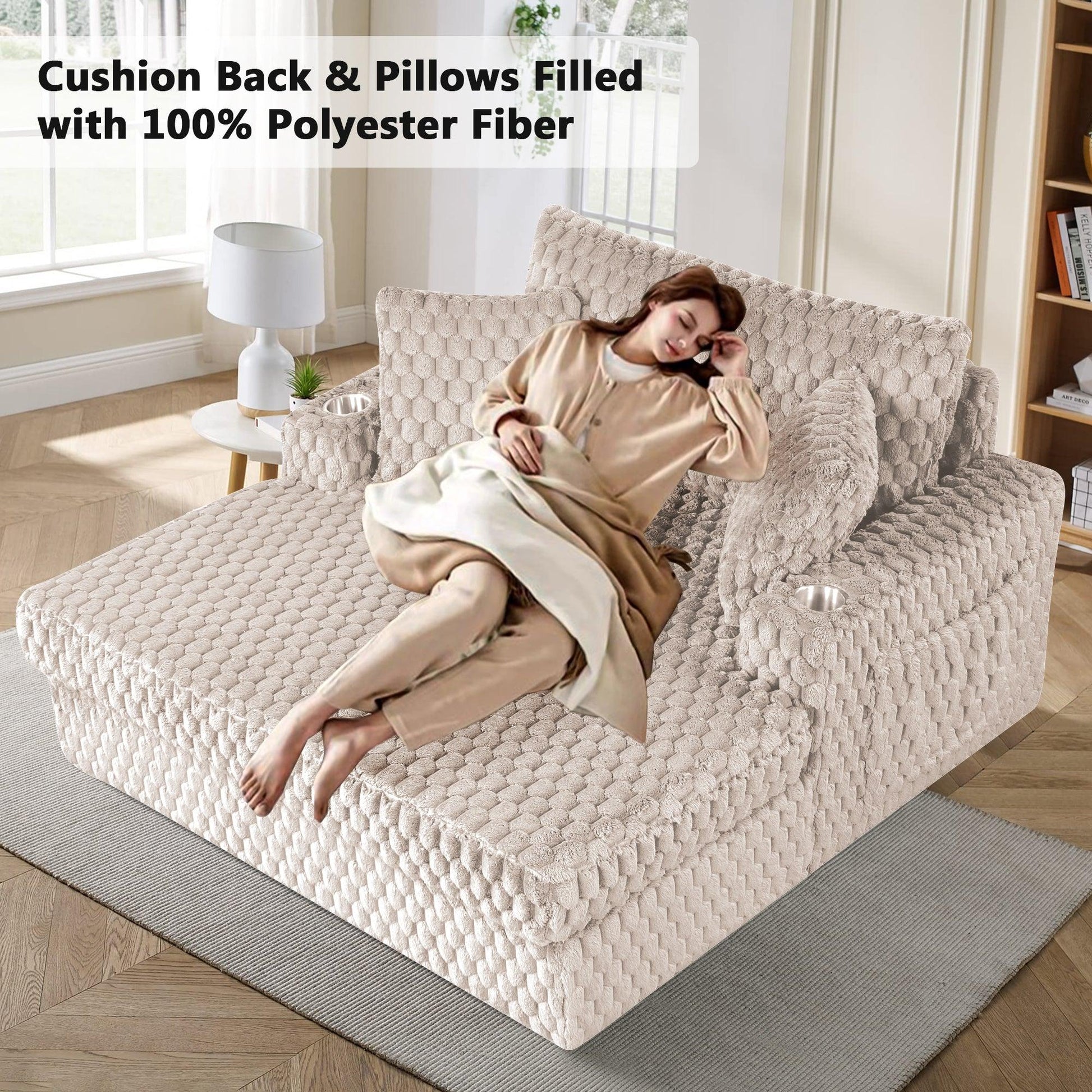 54 Inch Contemporary Indoor Upholstered Chaise Lounge Plush Sleeper Chair with Throw Pillows, 2 Cup Holders and Magazine Bags for Living Room - Vanub