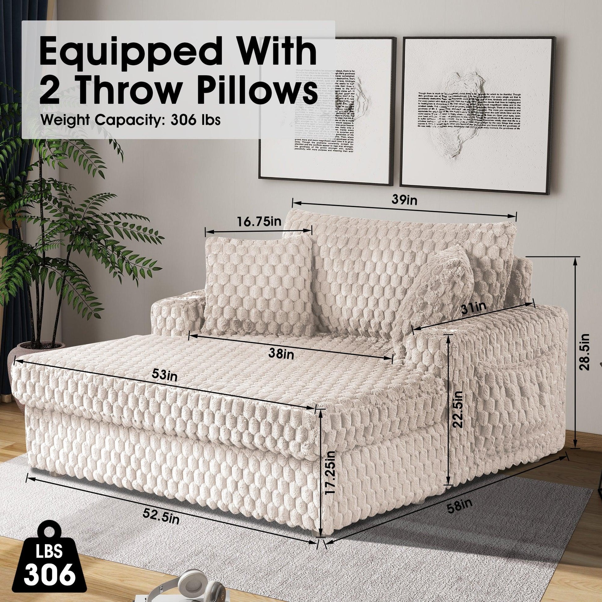 54 Inch Contemporary Indoor Upholstered Chaise Lounge Plush Sleeper Chair with Throw Pillows, 2 Cup Holders and Magazine Bags for Living Room - Vanub