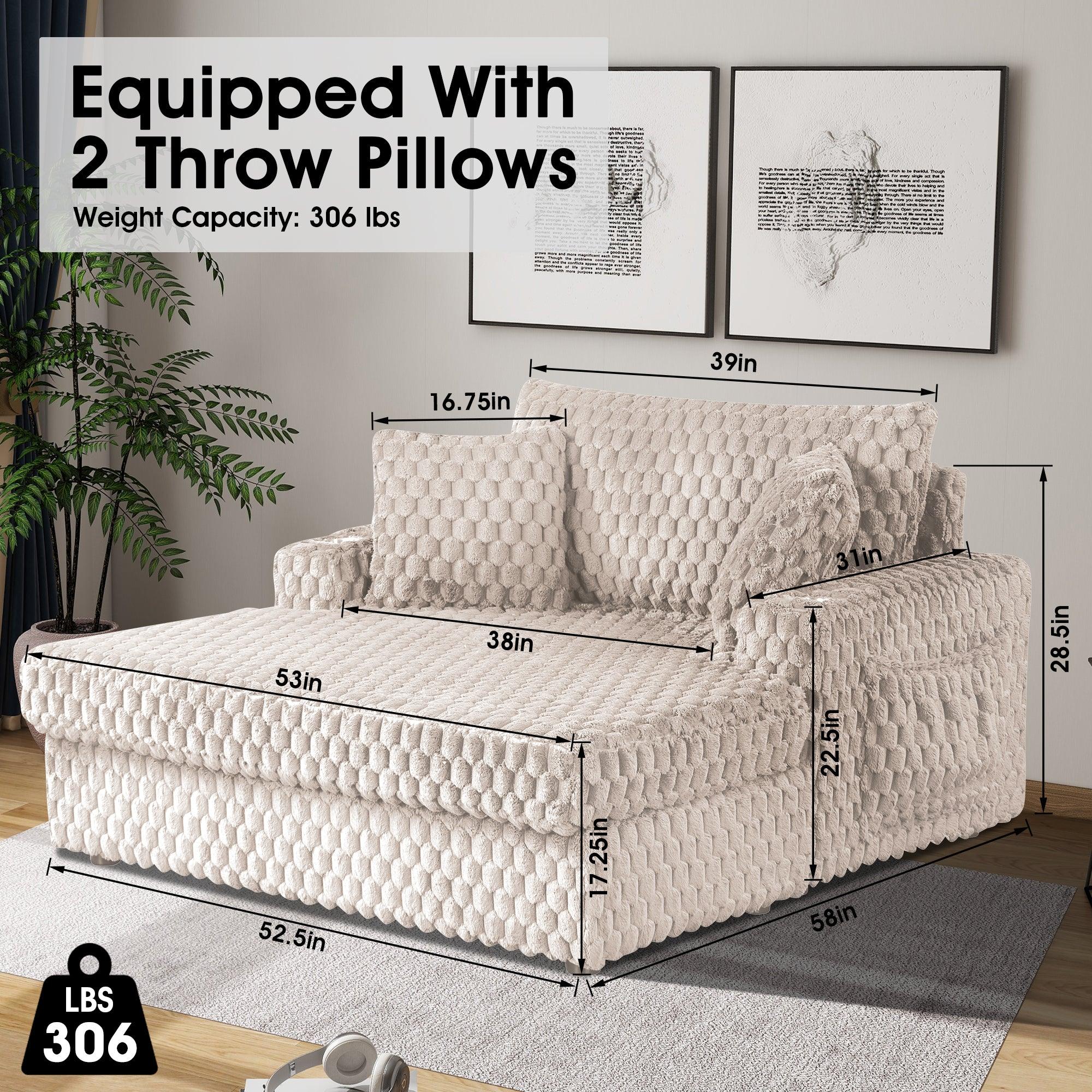 54 Inch Contemporary Indoor Upholstered Chaise Lounge Plush Sleeper Chair with Throw Pillows, 2 Cup Holders and Magazine Bags for Living Room - Vanub