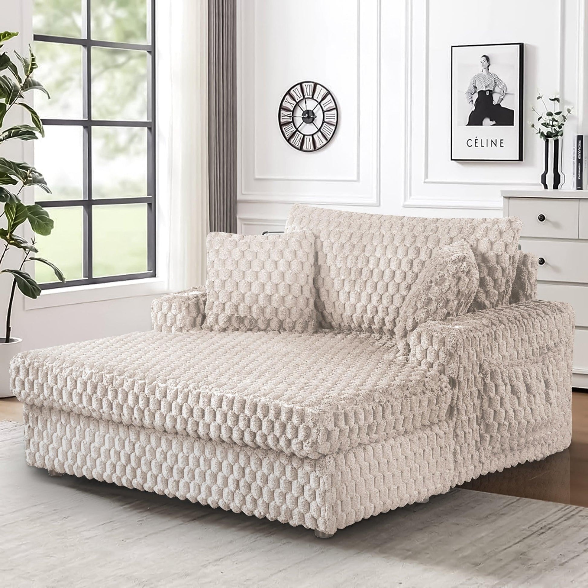 54 Inch Contemporary Indoor Upholstered Chaise Lounge Plush Sleeper Chair with Throw Pillows, 2 Cup Holders and Magazine Bags for Living Room - Vanub