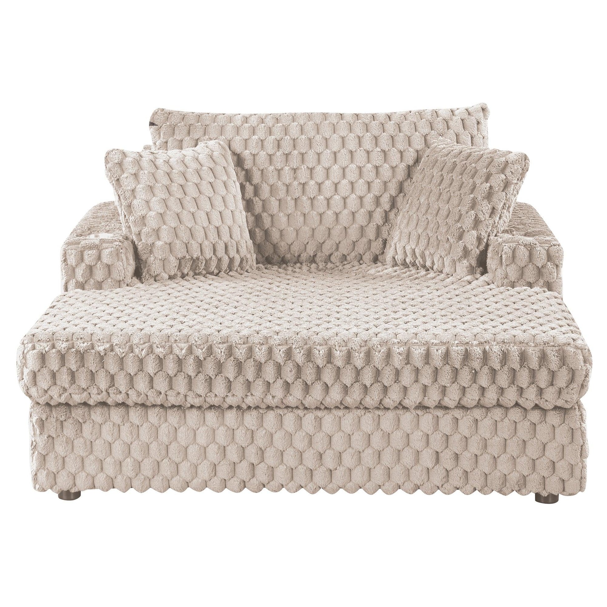 54 Inch Contemporary Indoor Upholstered Chaise Lounge Plush Sleeper Chair with Throw Pillows, 2 Cup Holders and Magazine Bags for Living Room - Vanub