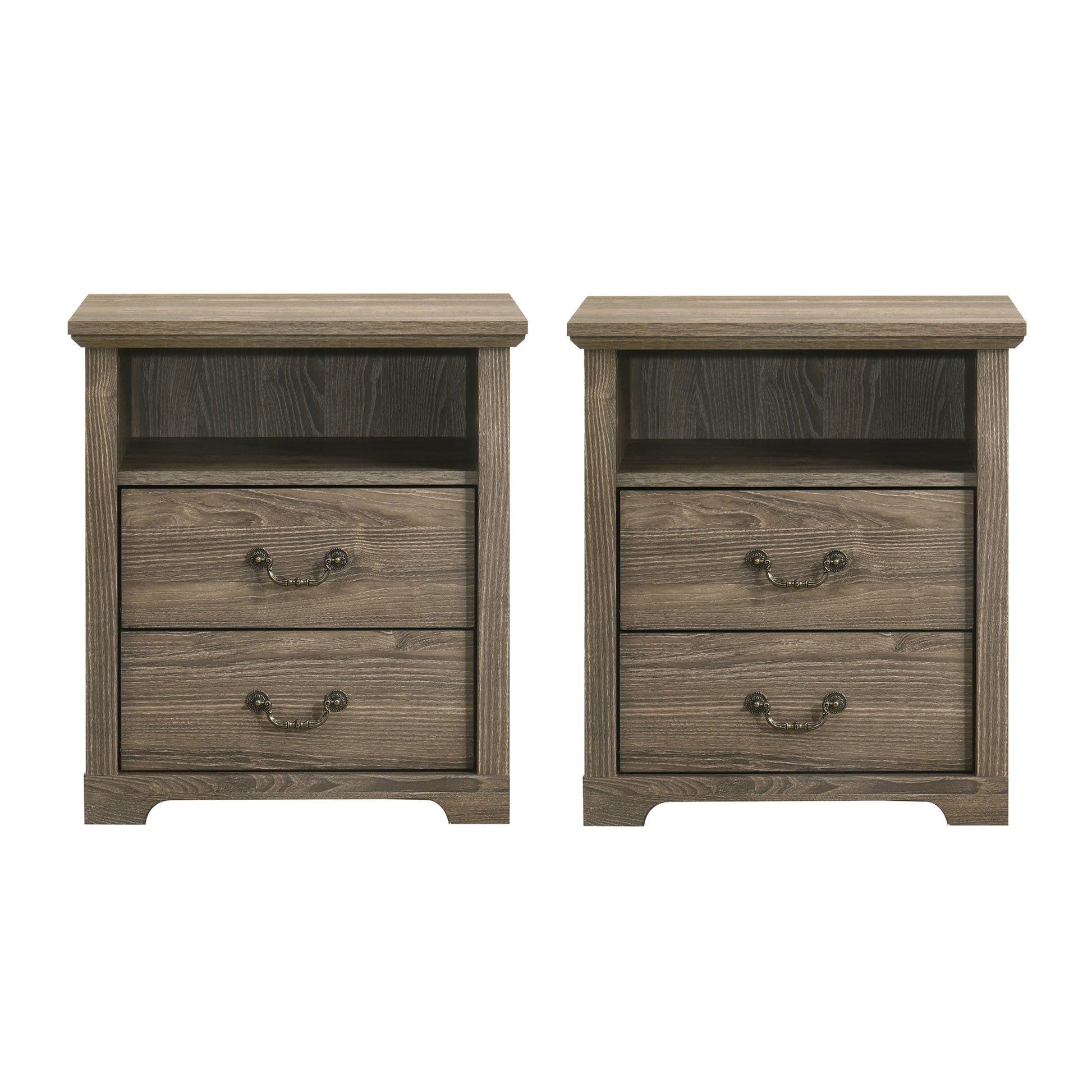 22 Inch Rustic 2-Drawer Nightstand with Open Top Shelf