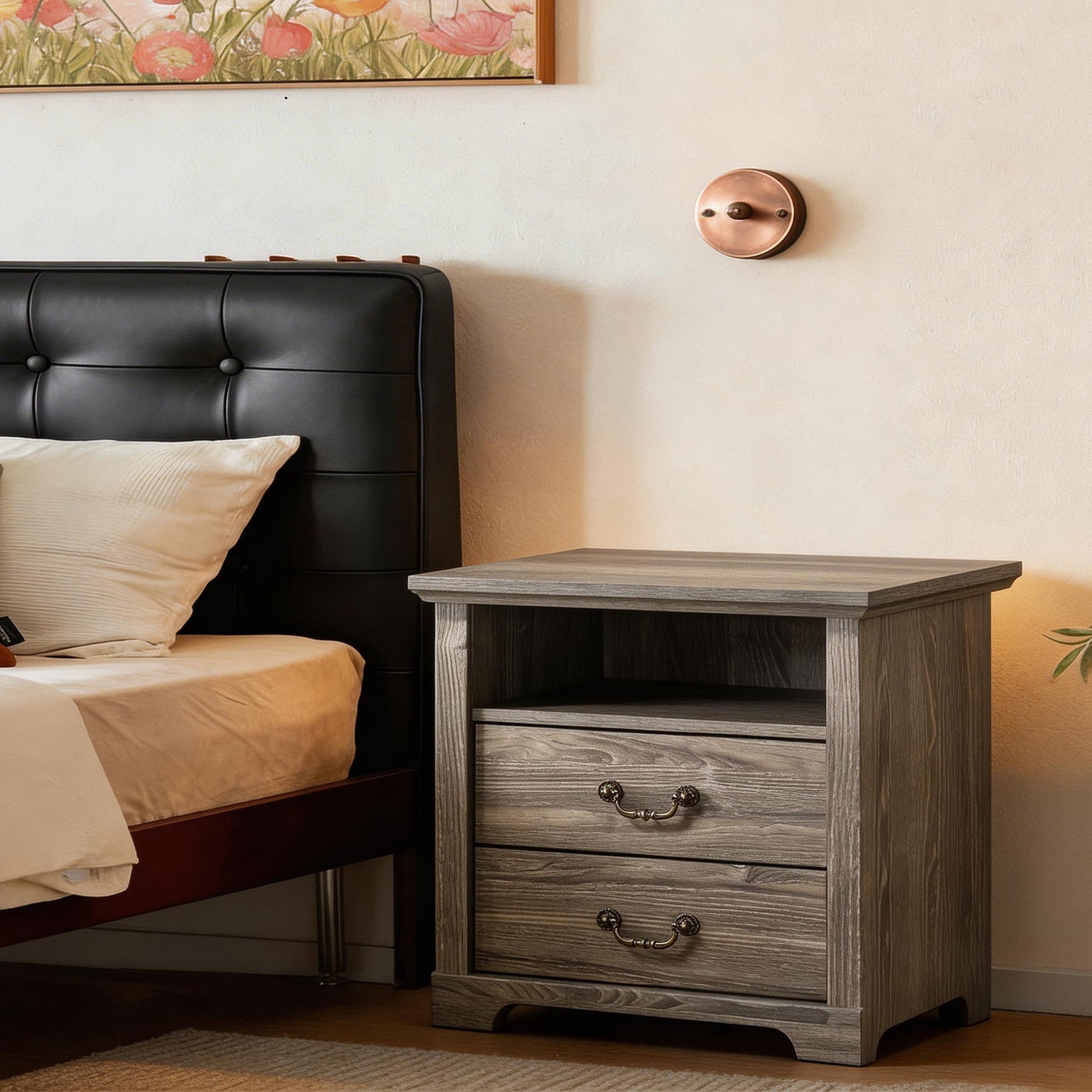 22 Inch Rustic 2-Drawer Nightstand with Open Top Shelf