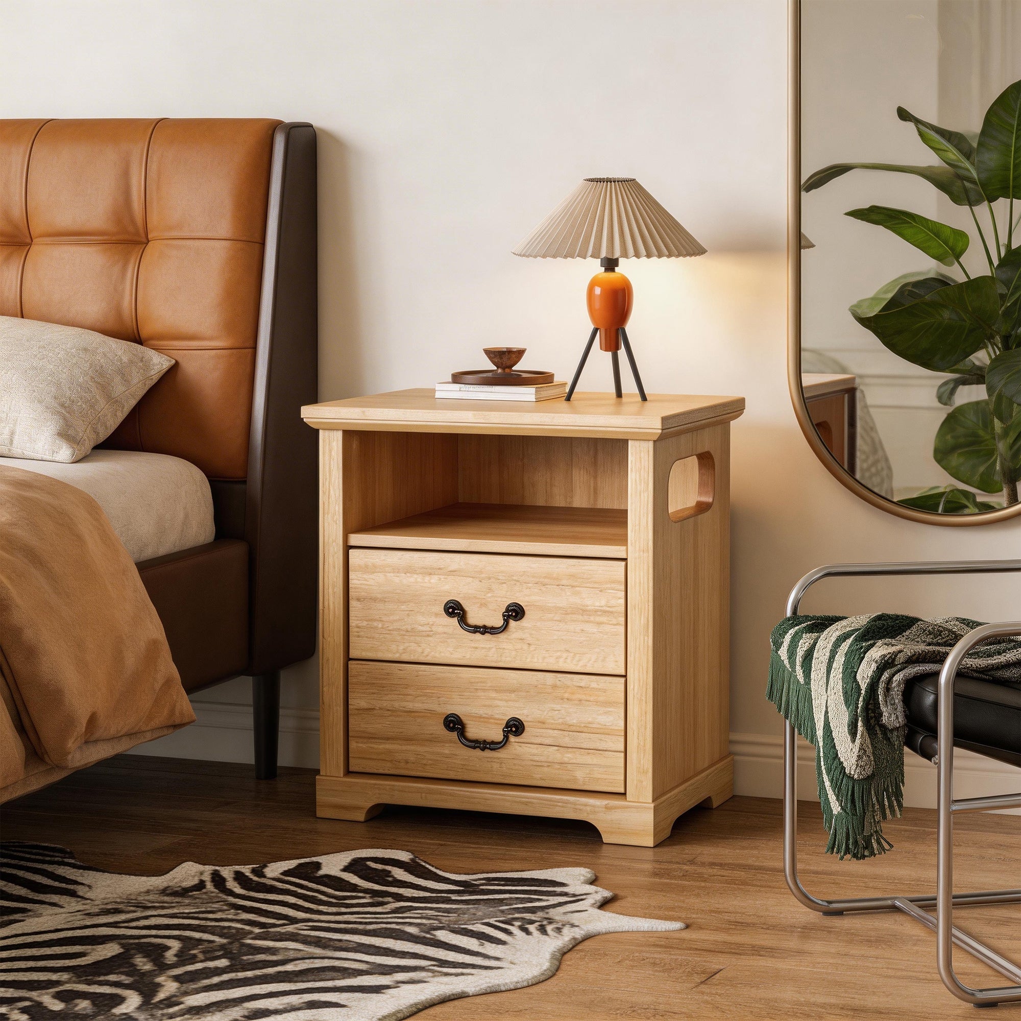 22 Inch Rustic 2-Drawer Nightstand with Open Top Shelf
