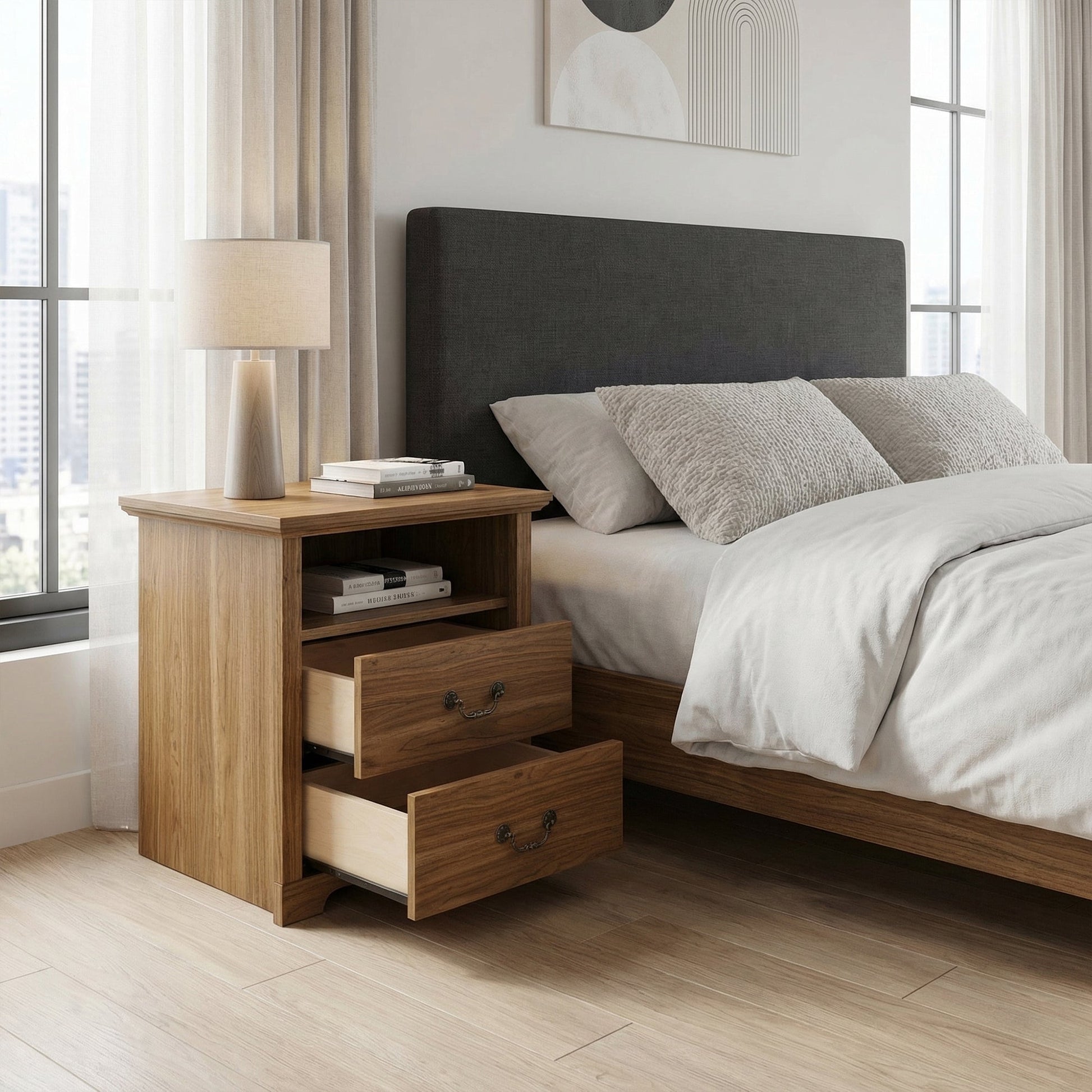 22 Inch Rustic 2-Drawer Nightstand with Open Top Shelf