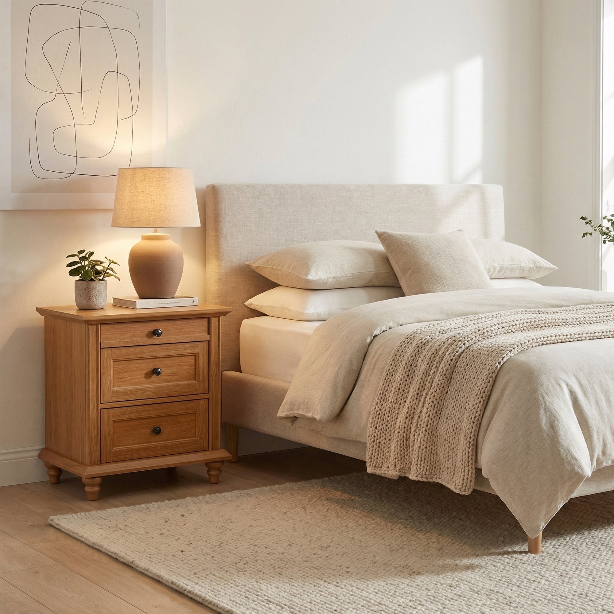 24" Transitional 3-Drawer Nightstand with Solid Wood Legs