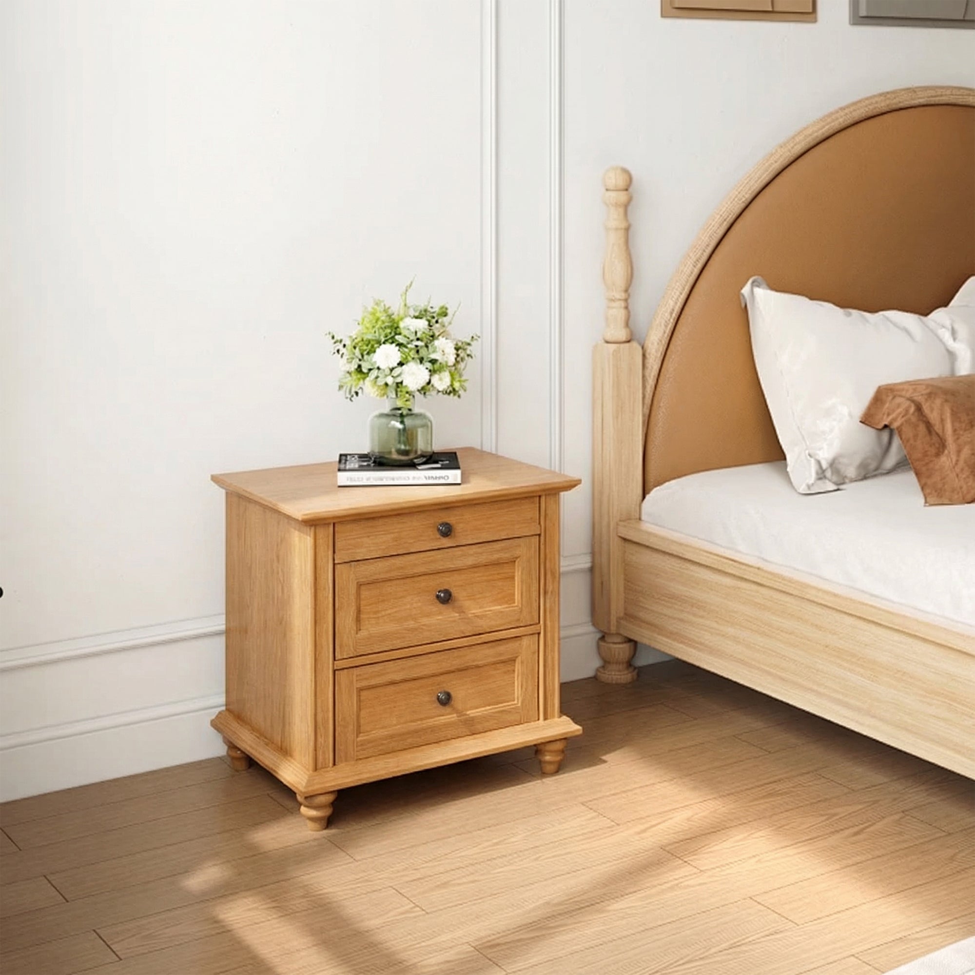 24" Transitional 3-Drawer Nightstand with Solid Wood Legs