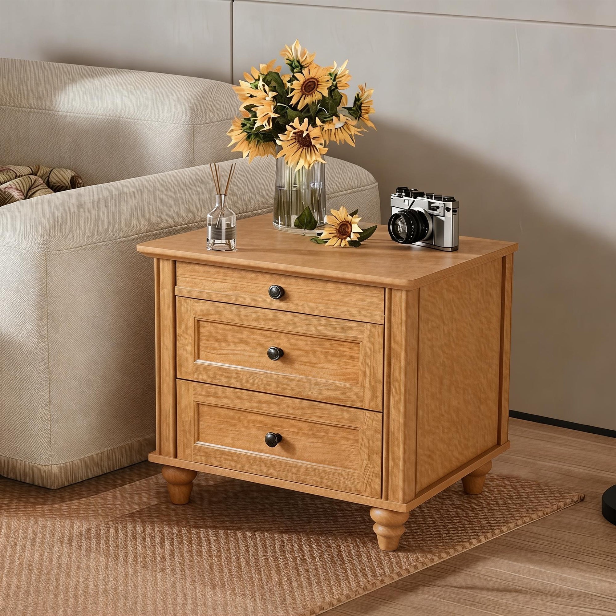 24" Transitional 3-Drawer Nightstand with Solid Wood Legs