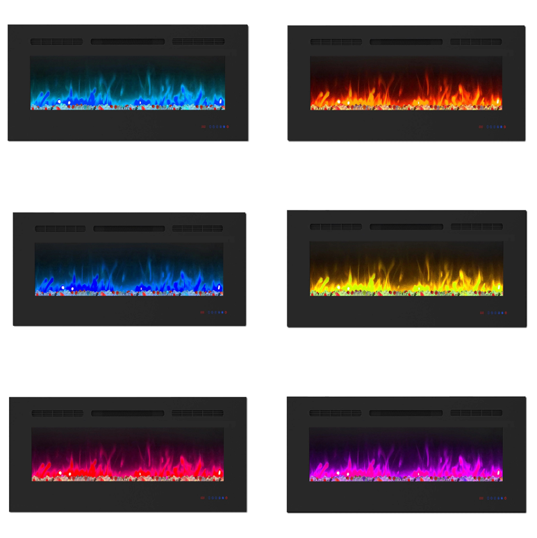 This electric fireplace supports recessed/wall mounting, with remote, touch screen, 13 flame colors, base lights