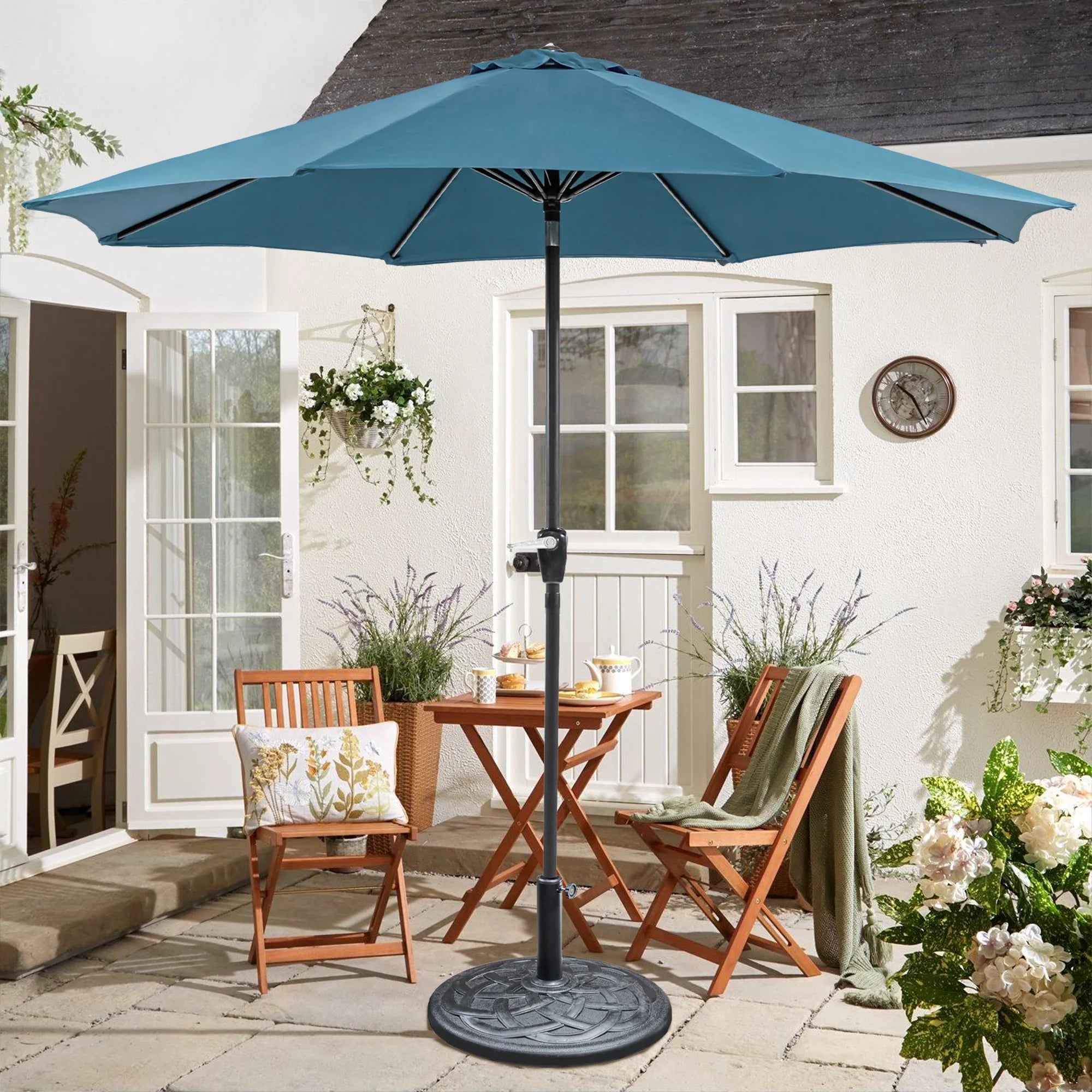 9' OUTDOOR UMBRELLA W/ AUTO TILT + 21" ROUND BASE