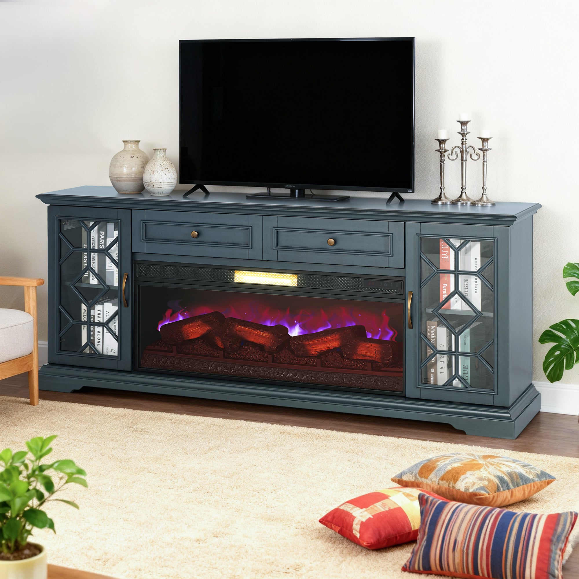 74" Farmhouse TV Stand with 23" Insert Opening Electric Fireplace