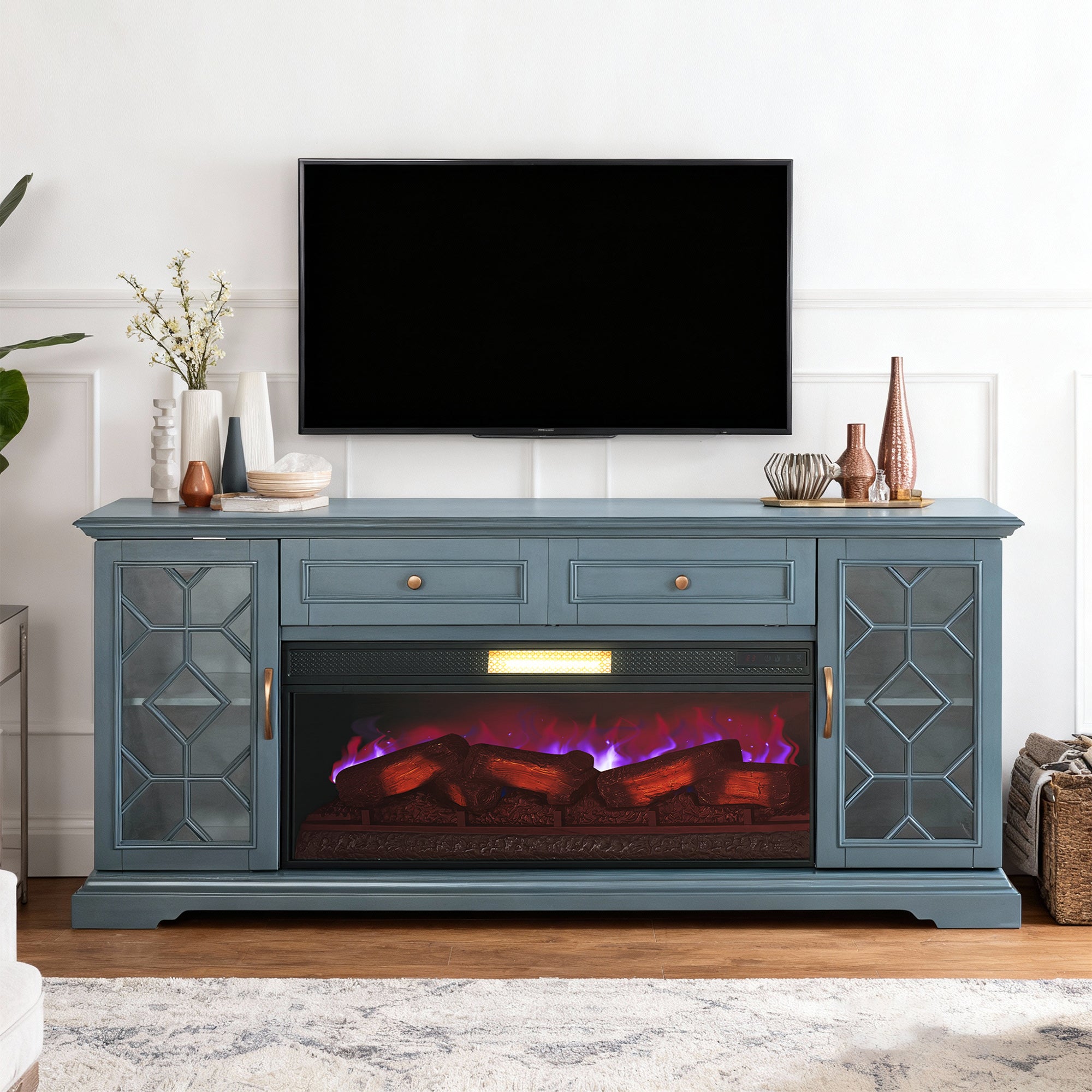 74" Farmhouse TV Stand with 23" Insert Opening Electric Fireplace