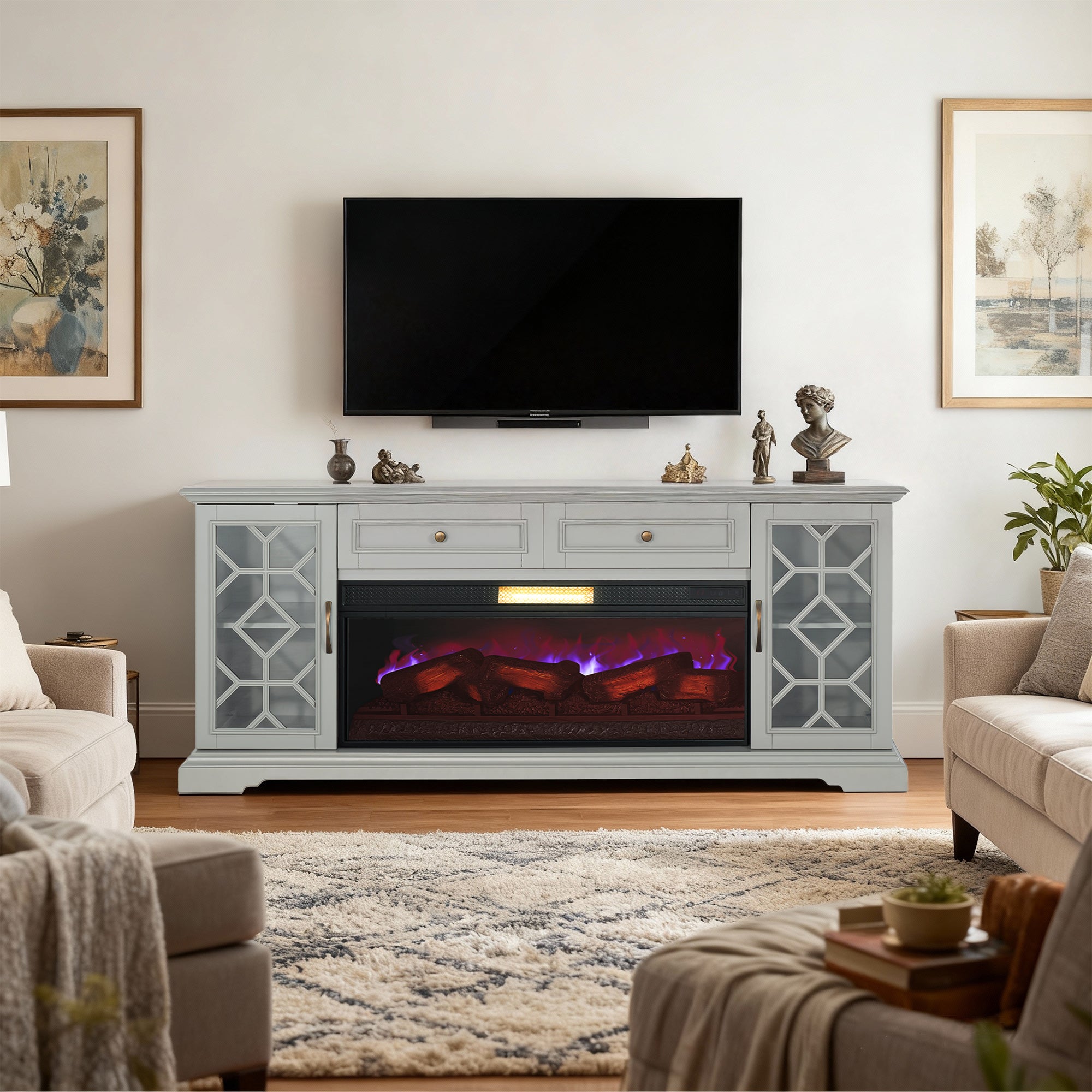 74" Farmhouse TV Stand with 23" Insert Opening Electric Fireplace