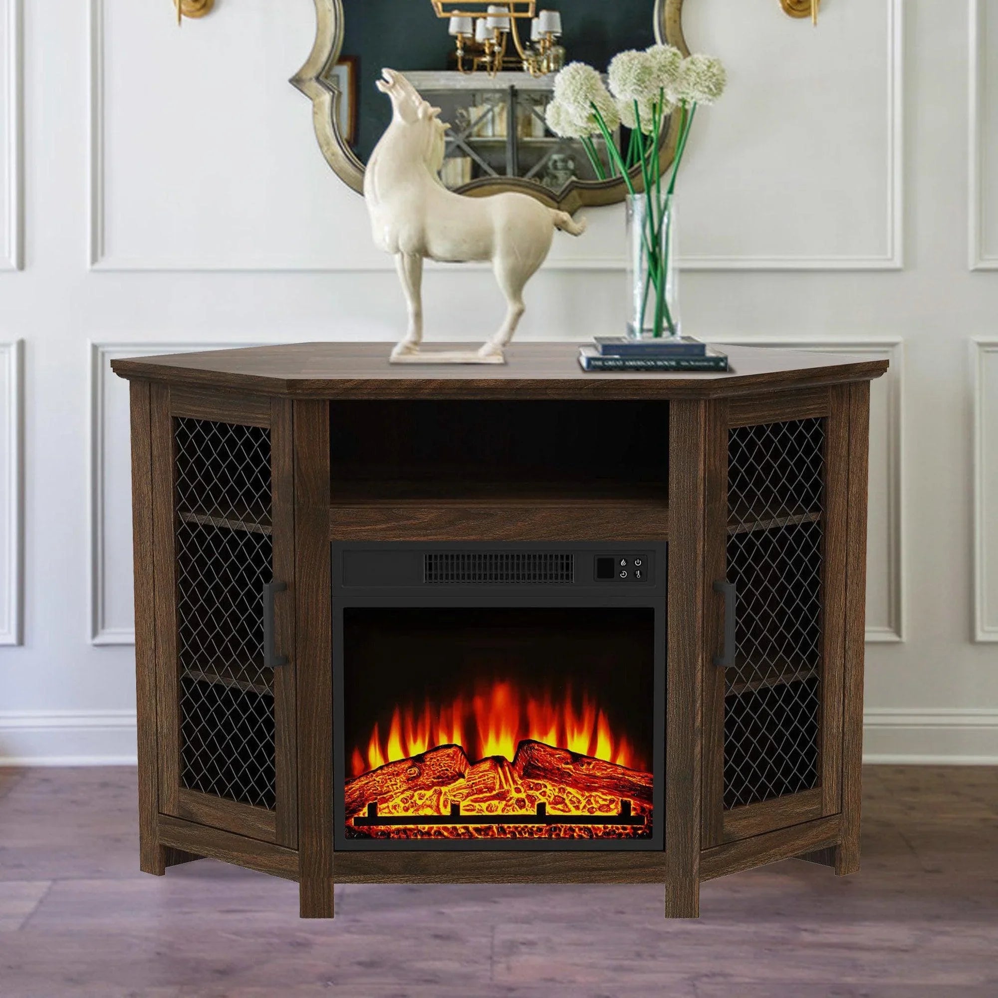 45" Corner Electric Fireplace TV Stands Console Table with 2 Metal Mesh Doors - Vanub