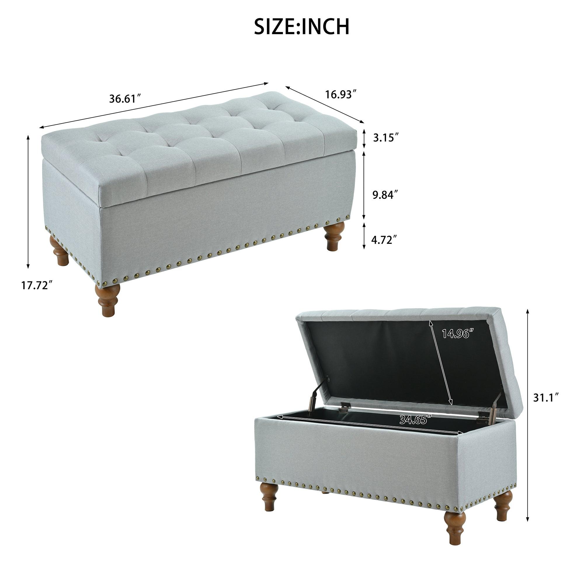 36" Linen Storage Ottoman Bench with Recessed Hinge Lid & Rivet Trim
