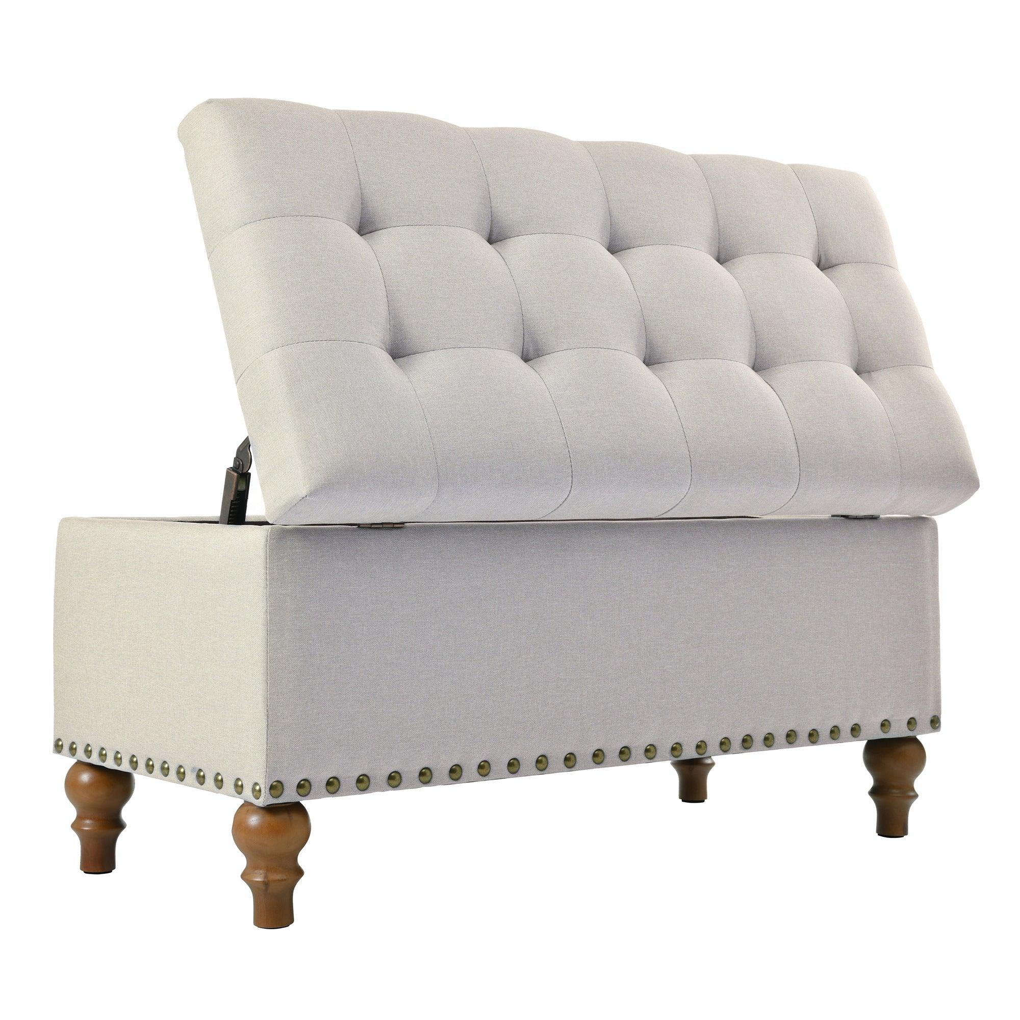 36" Linen Storage Ottoman Bench with Recessed Hinge Lid & Rivet Trim