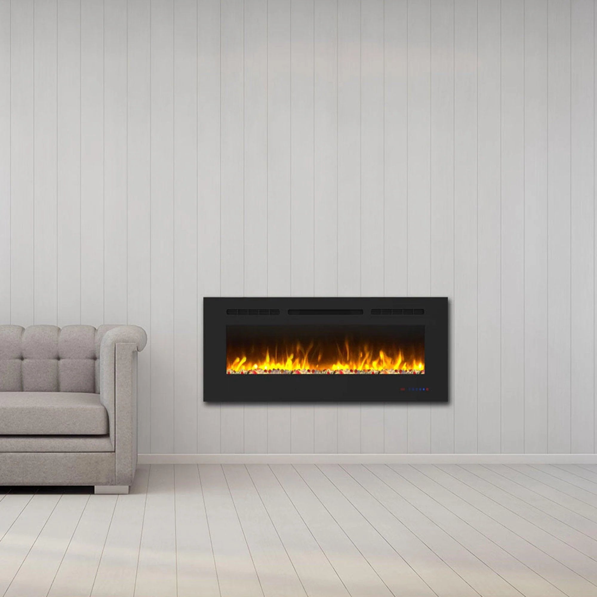 This electric fireplace supports recessed/wall mounting, with remote, touch screen, 13 flame colors, base lights