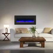 This electric fireplace supports recessed/wall mounting, with remote, touch screen, 13 flame colors, base lights
