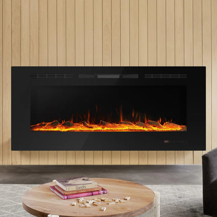 This electric fireplace supports recessed/wall mounting, with remote, touch screen, 13 flame colors, base lights
