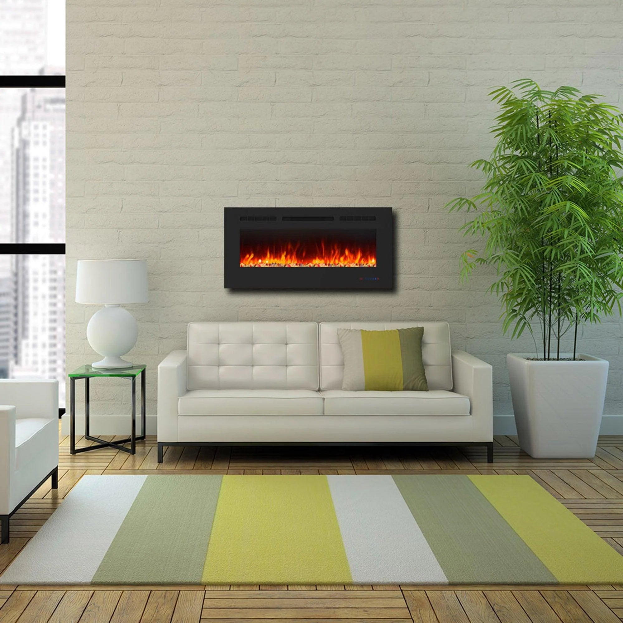 This electric fireplace supports recessed/wall mounting, with remote, touch screen, 13 flame colors, base lights